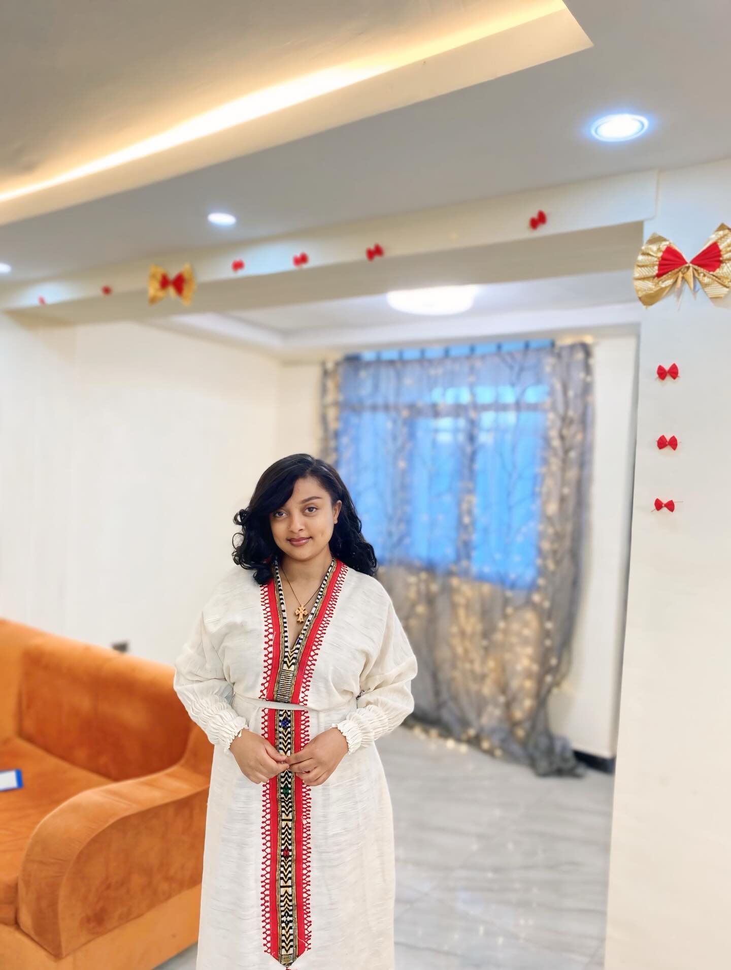 KIDAN V-NECKLINE HABESHA KEMIS | RED EMBROIDERY HABESHA DRESS | TRADITIONAL ETHIOPIAN DRESS