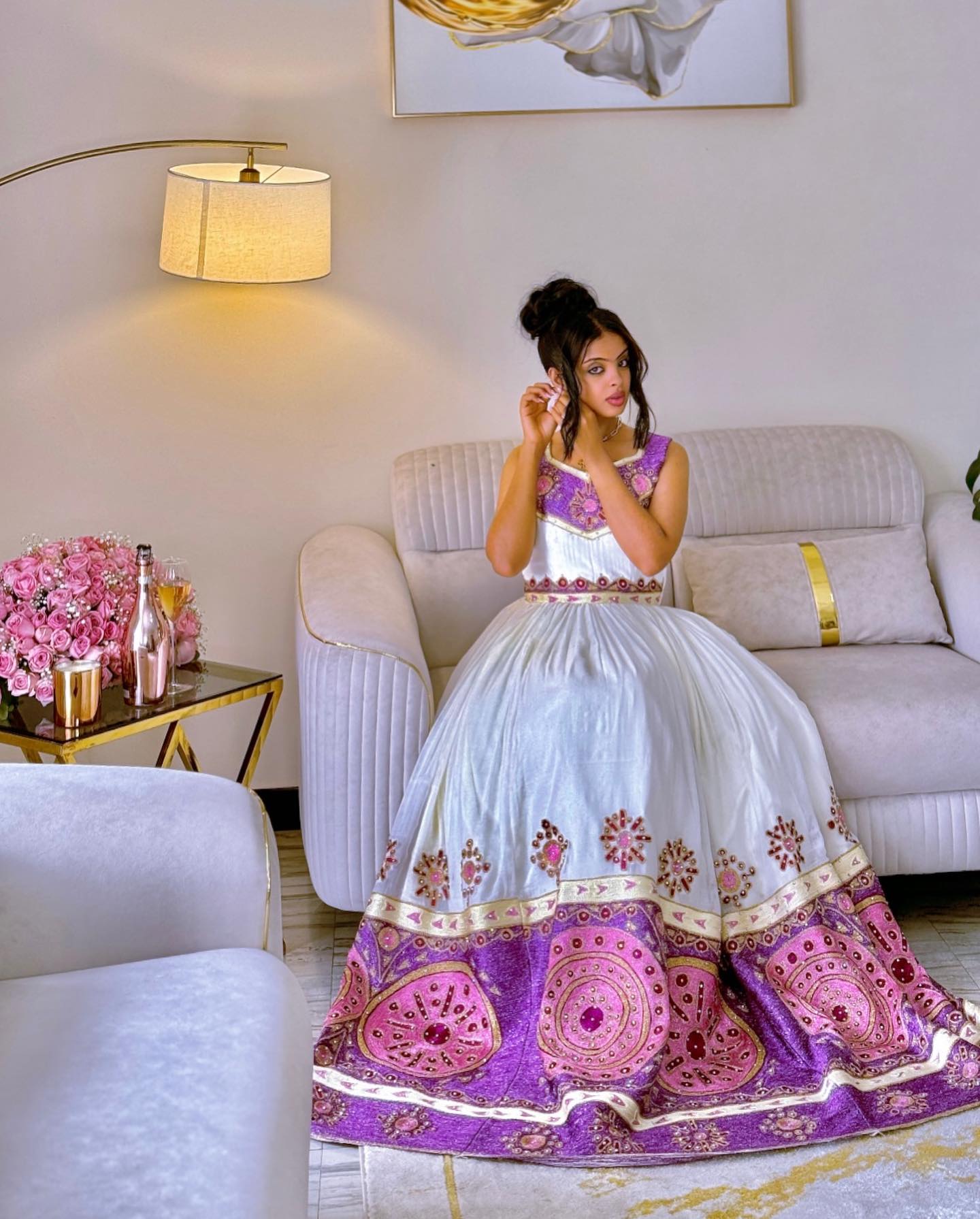 BISRY ETHIOPIAN WEDDING DRESS | PURPLE AND PINK EMBROIDERY HABESHA KEMIS | SLEEVELESS HABESHA DRESS