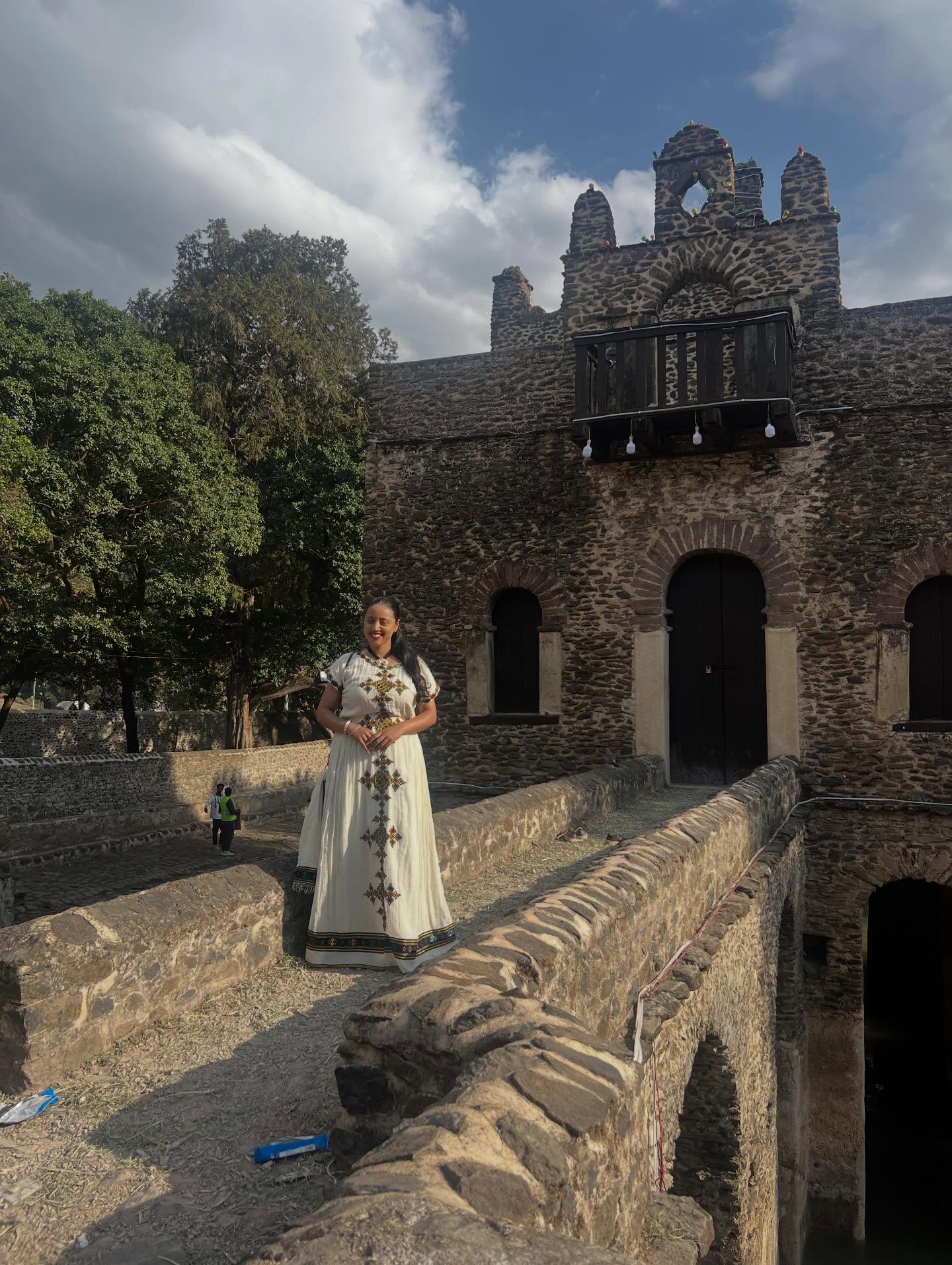 FEGEGTA WHITE HABESHA KEMIS | WITH MULTICOLOR WOVEN HABESHA DRESS | TRADITIONAL ETHIOPIAN & ERITREAN DRESS