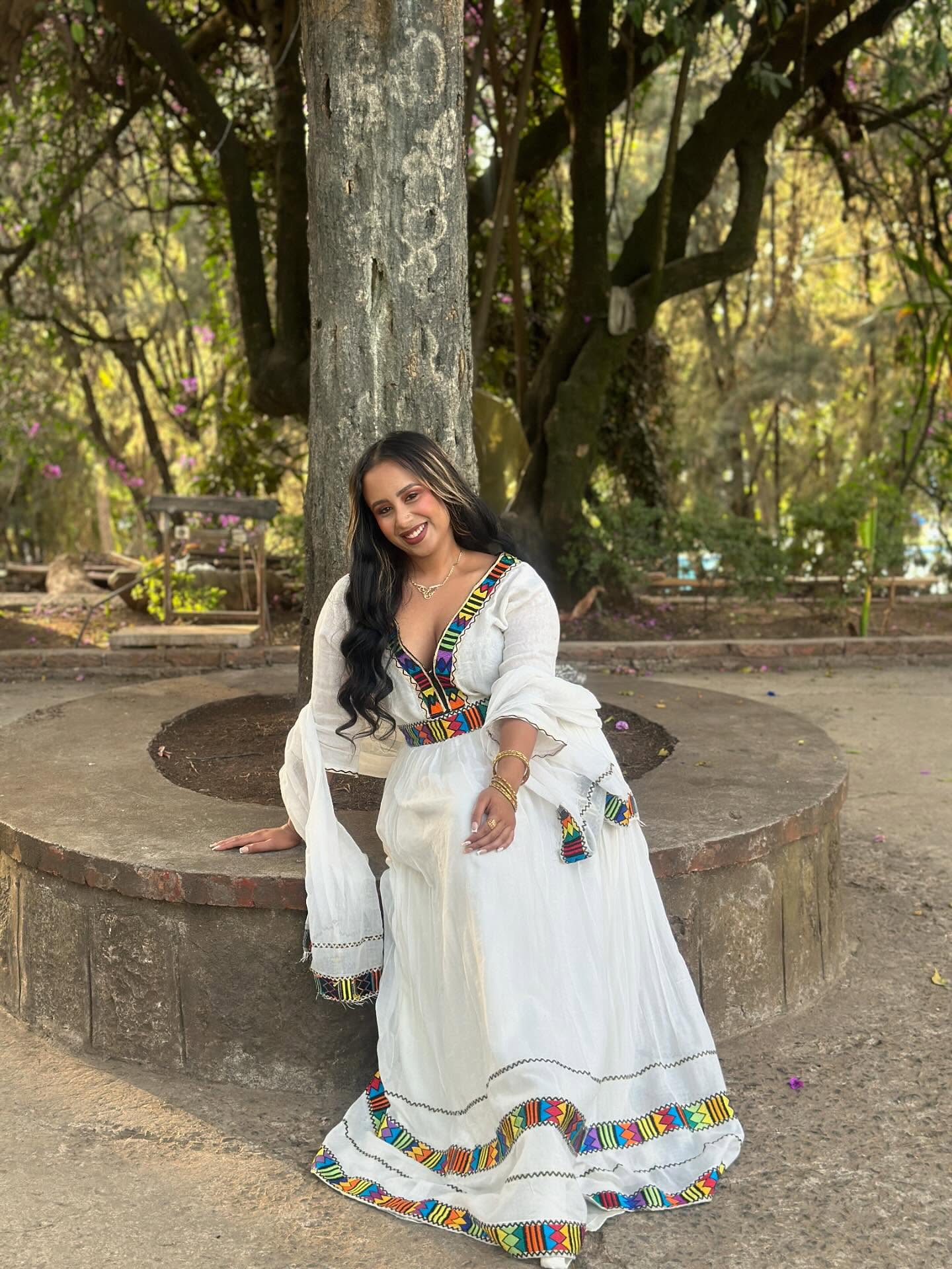 MAREFIYA V-NECKLINE ETHIOPIAN DRESS | MULTICOLOR WOVEN HABESHA DRESS | AUTHENTIC HABESHA KEMIS