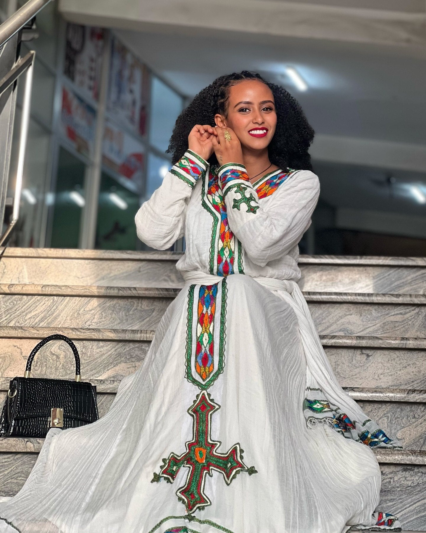 LONG SLEEVE HABESHA DRESS WITH MULTICOLOR EMBROIDERY AUTHENTIC ETHIOPIAN CLOTHING 
