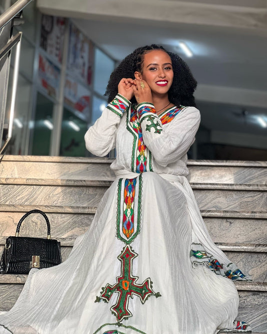 LONG SLEEVE HABESHA DRESS WITH MULTICOLOR EMBROIDERY AUTHENTIC ETHIOPIAN CLOTHING 