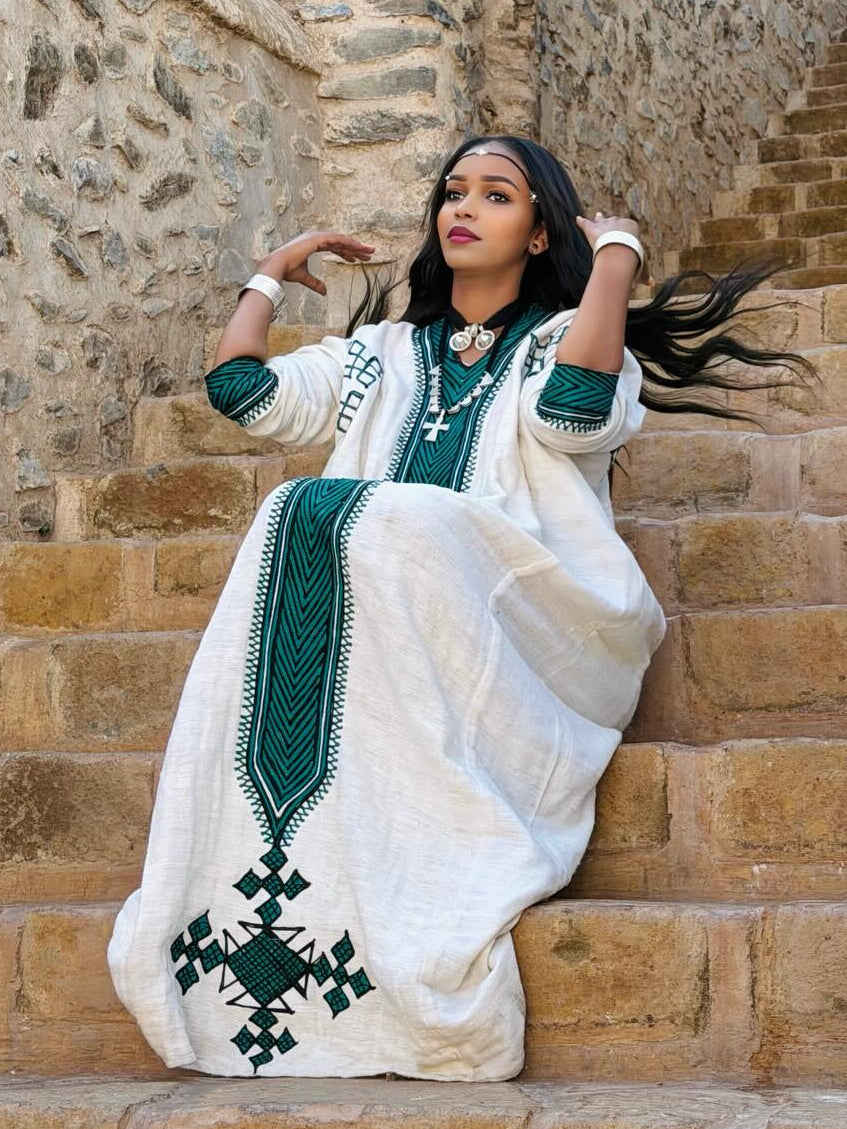 EDILAWIT GREEN AND BLACK EMBROIDERY HABESHA DRESS | LONG SLEEVE HABESHA KEMIS | CHARMING ETHIOPIAN DRESS