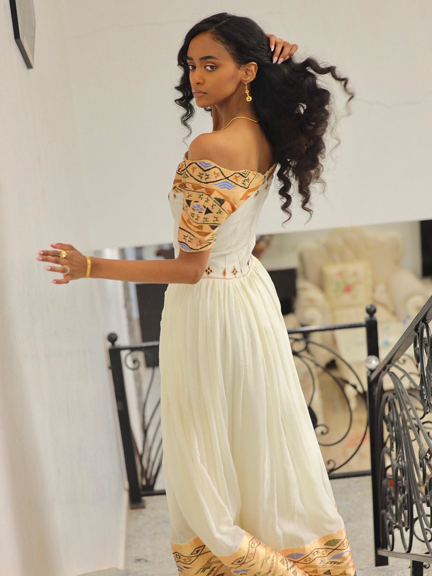 ANNA STUNNING OFF-SHOULDER HABESHA KEMIS | MULTICOLOR EMBROIDERY HABESHA DRESS | TRADITIONAL ETHIOPIAN CLOTHING
