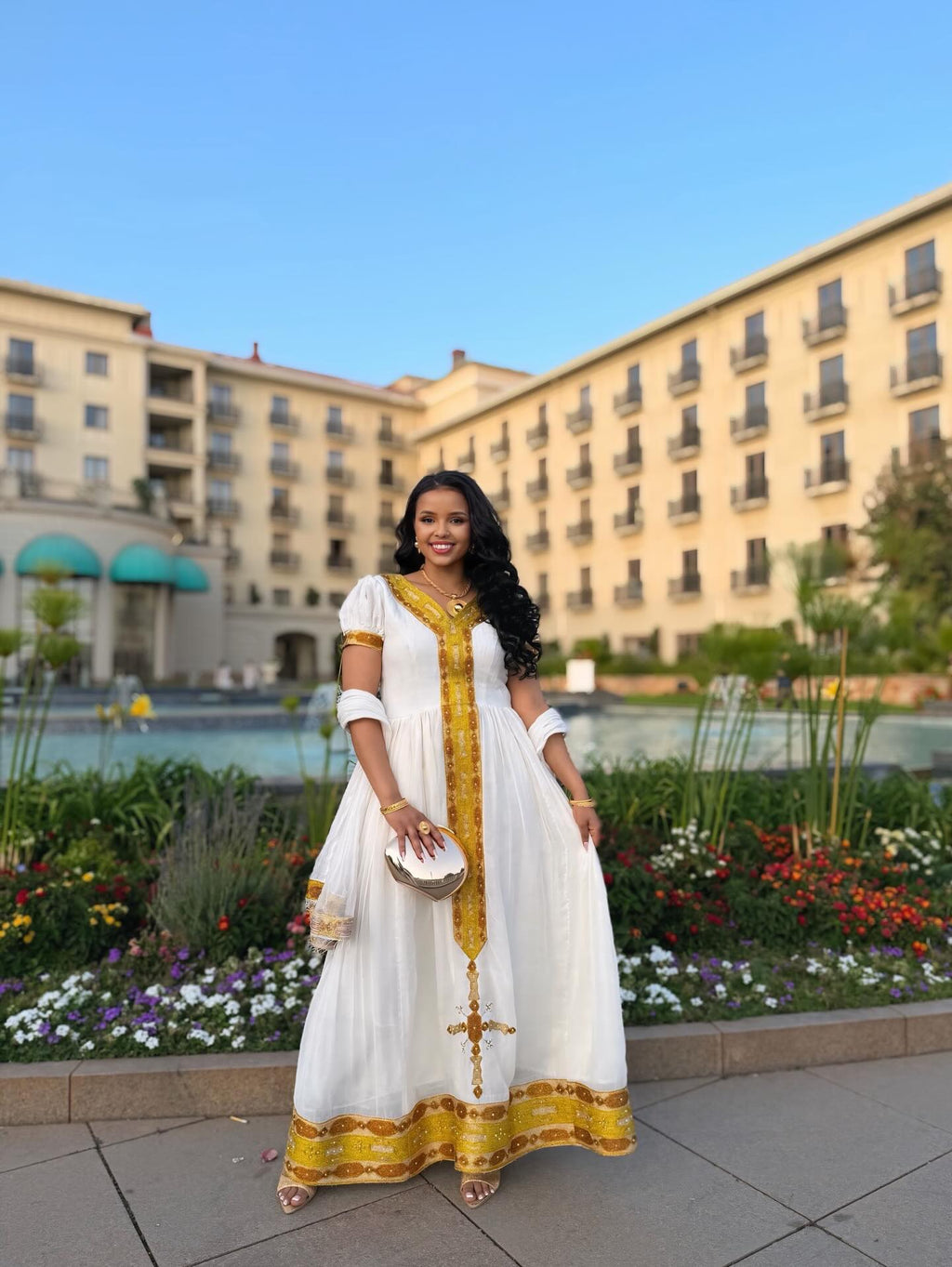 BURTU SHORT SLEEVE HABESHA KEMIS ONLINE | GOLDEN AND YELLOW EMBROIDERY HABESHA DRESS | TIMELESS ETHIOPIAN CLOTHING