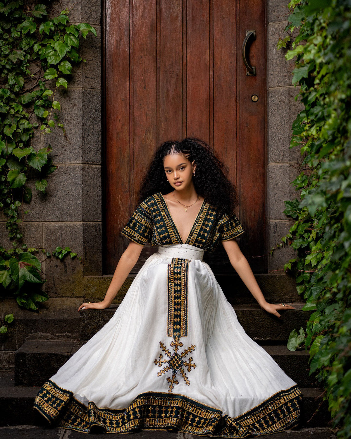 RUTH ETHIOPIAN HABESHA KEMIS | DEEP V-NECK & CROSS EMBROIDERY HABESHA DRESS | CULTURAL ETHIOPIAN CLOTH