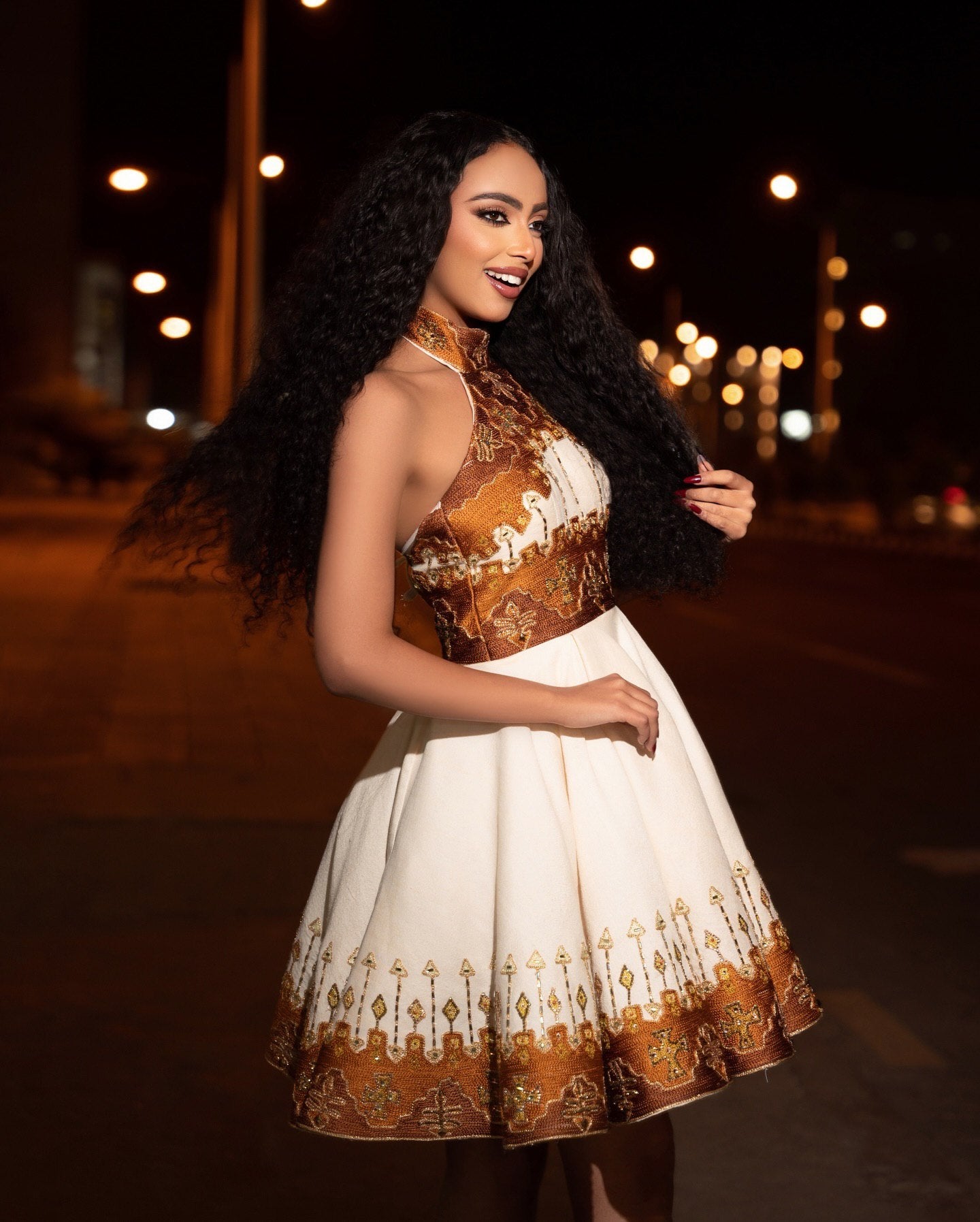 TSEDEY ETHIOPIAN HABESHA DRESS | MODERN TRADITIONAL TIBEB DESIGN HABESHA KEMIS | GOLDEN-BROWN ETHIOPIAN CLOTH