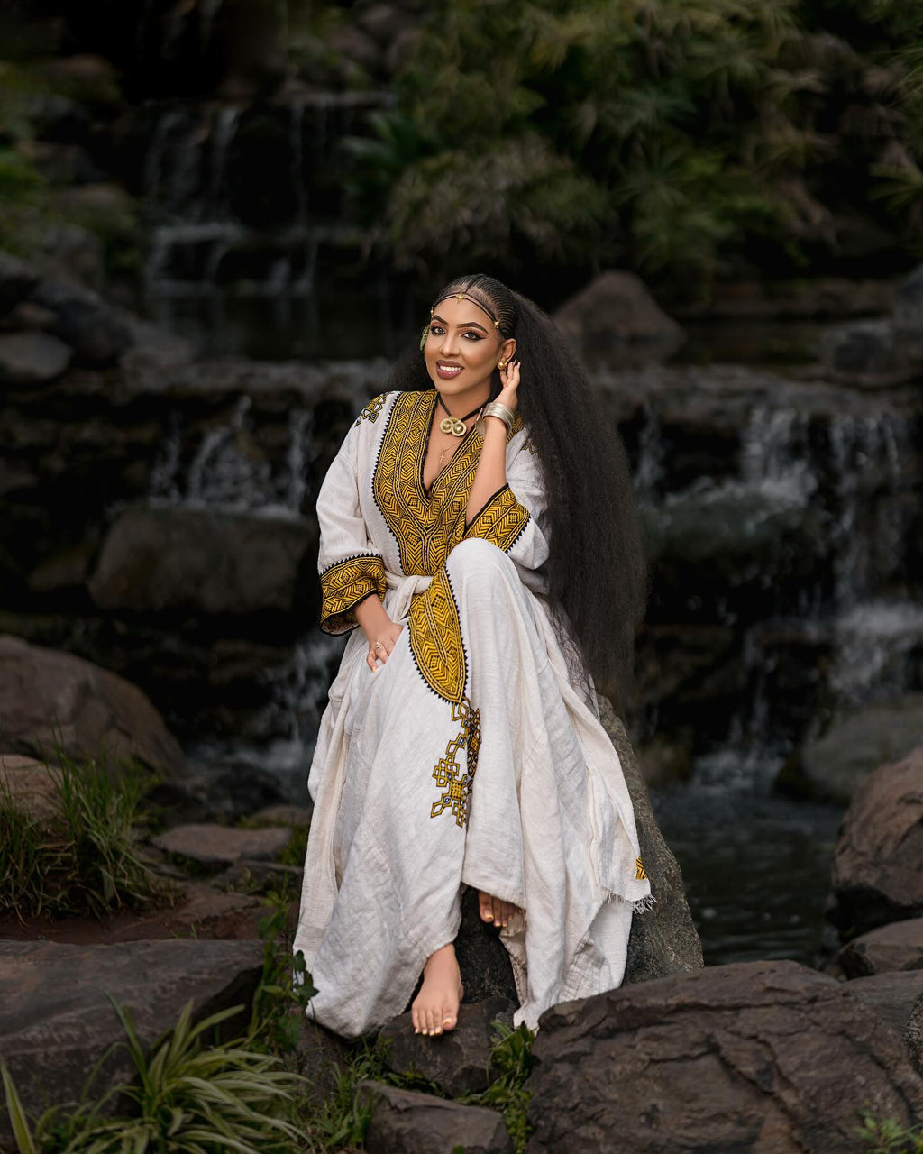 YETNAYET YELLOW & BLACK TIBEB EMBROIDERY ETHIOPIAN DRESS | HANDWOVEN HABESHA KEMIS | STUNNING HABESHA DRESS FOR FESTIVE