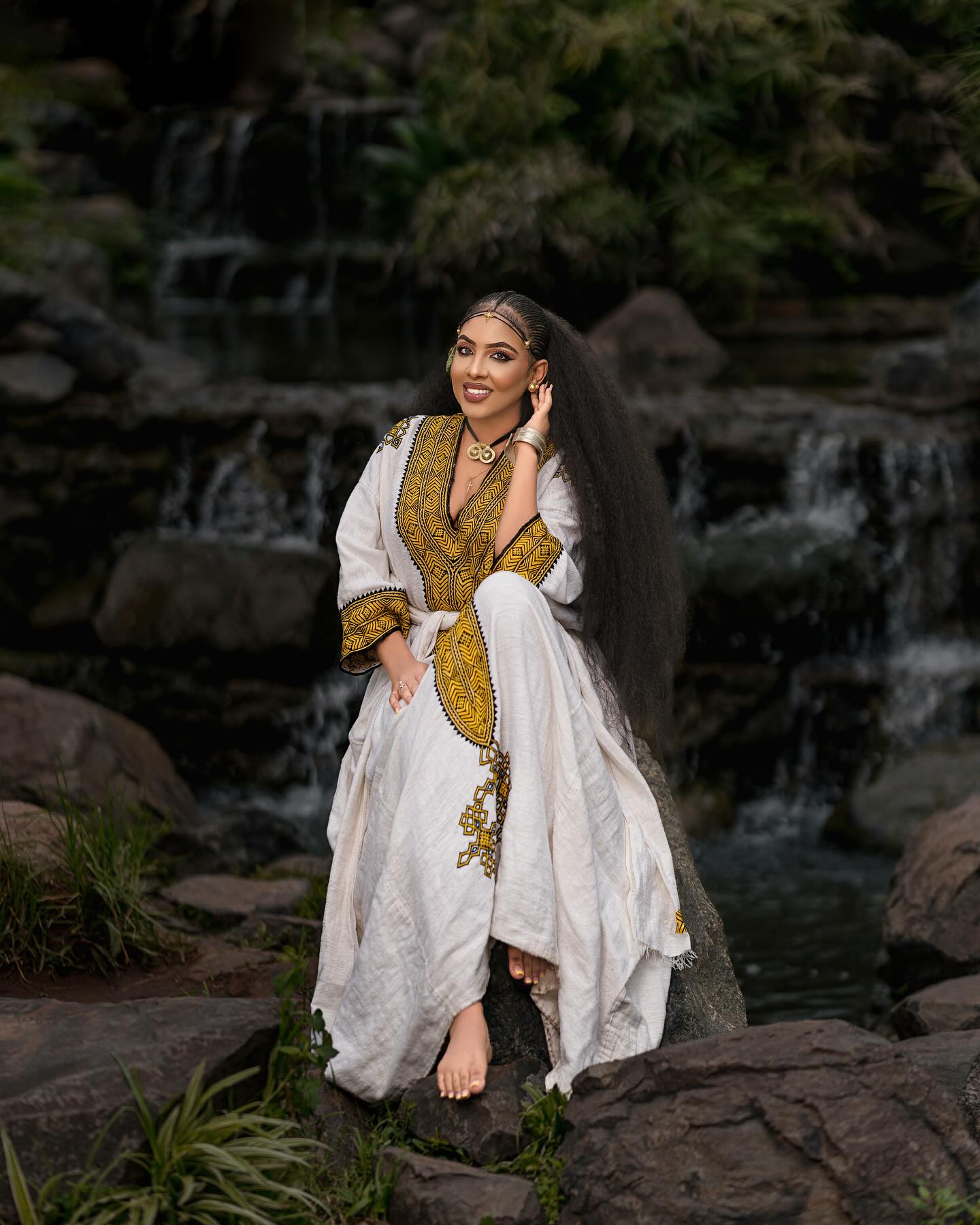 YETNAYET YELLOW & BLACK TIBEB EMBROIDERY ETHIOPIAN DRESS | HANDWOVEN HABESHA KEMIS | STUNNING HABESHA DRESS FOR FESTIVE