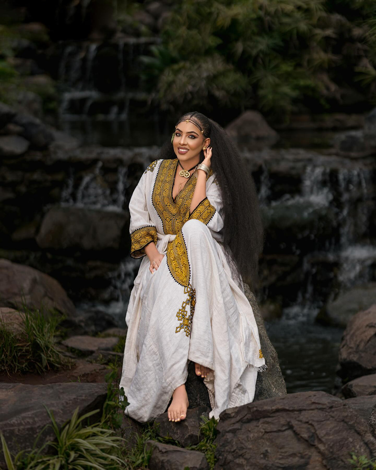YETNAYET YELLOW & BLACK TIBEB EMBROIDERY ETHIOPIAN DRESS | HANDWOVEN HABESHA KEMIS | STUNNING HABESHA DRESS FOR FESTIVE