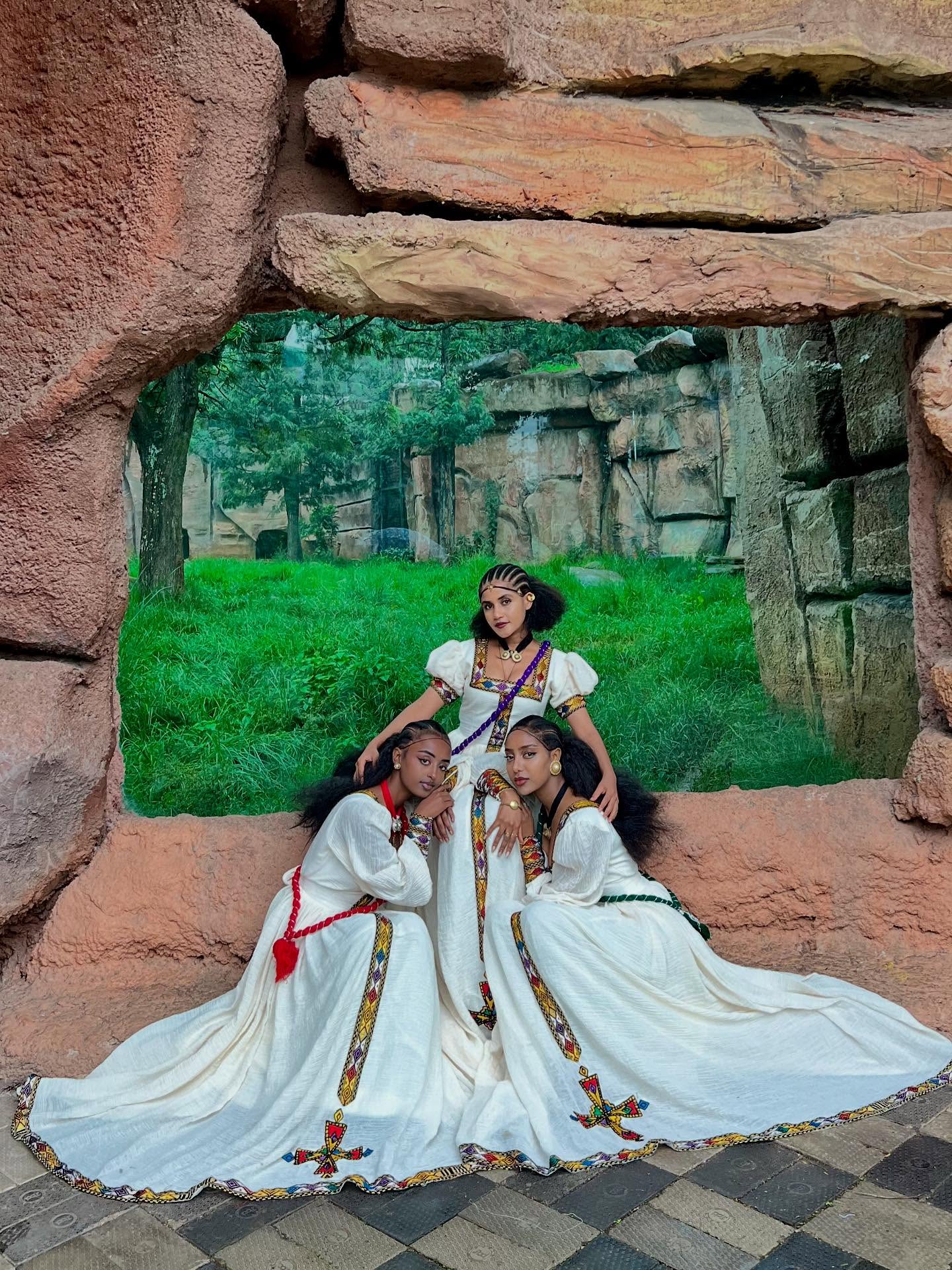 NARDI ETHIOPIAN HABESHA DRESS | TRADITIONAL TIBEB DESIGN ETHIOPIAN CLOTH | MULTICOLORED HABESHA KEMIS WITH CROSS EMBROIDERY