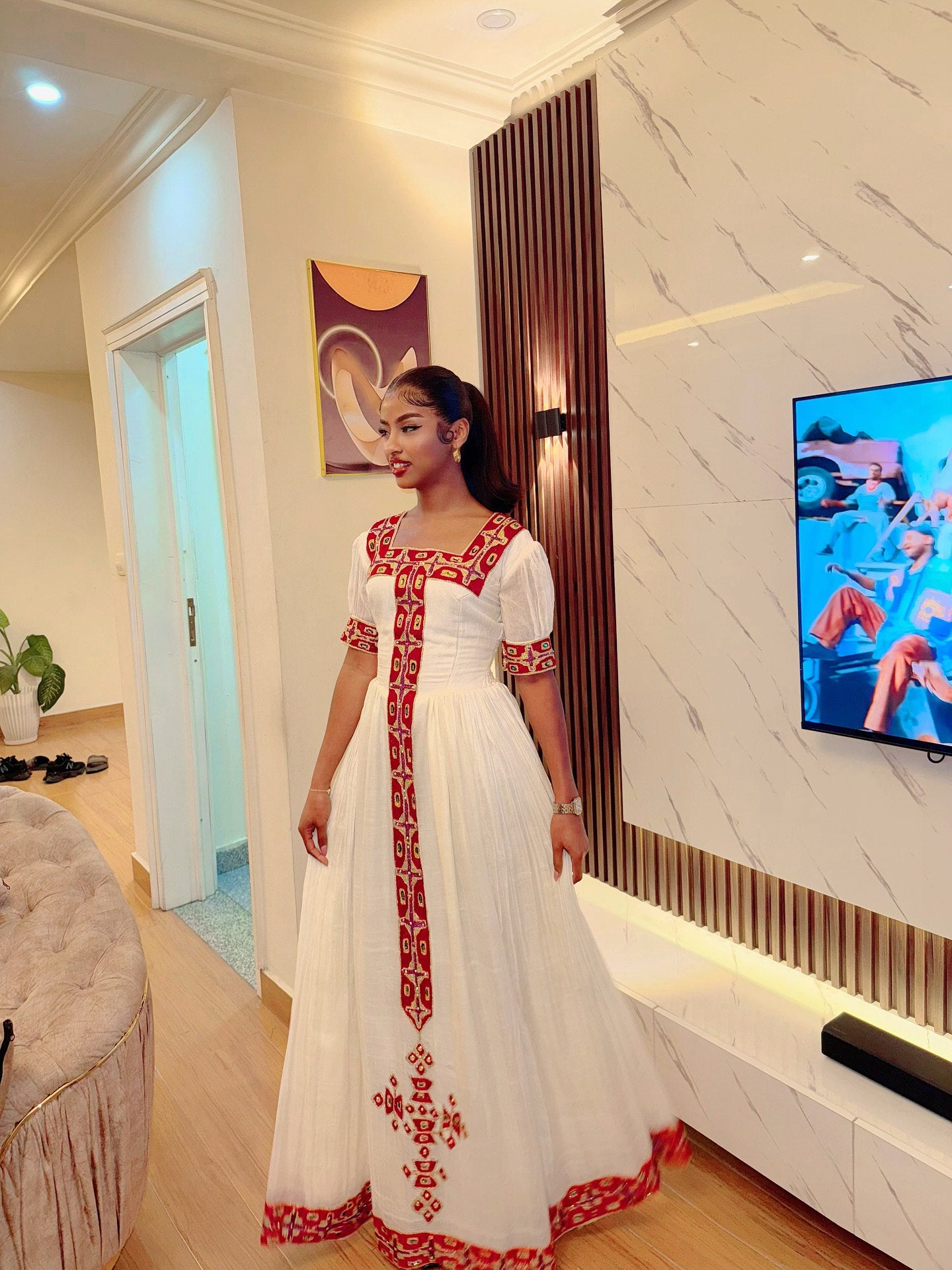 FRITA ERITREAN HABESHA KEMIS | RED AND GOLD TIBEB ETHIOPIAN CLOTHING | TRADITIONAL HABESHA DRESS FOR HOLIDAYS
