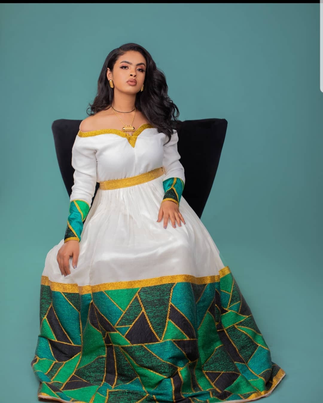 MINTWAB ETHIOPIAN HABESHA KEMIS | MODERN GREEN AND GOLD GEOMETRIC EMBROIDERY ETHIOPIAN CLOTH | CLASSY HABESHA DRESS FOR FESTIVE