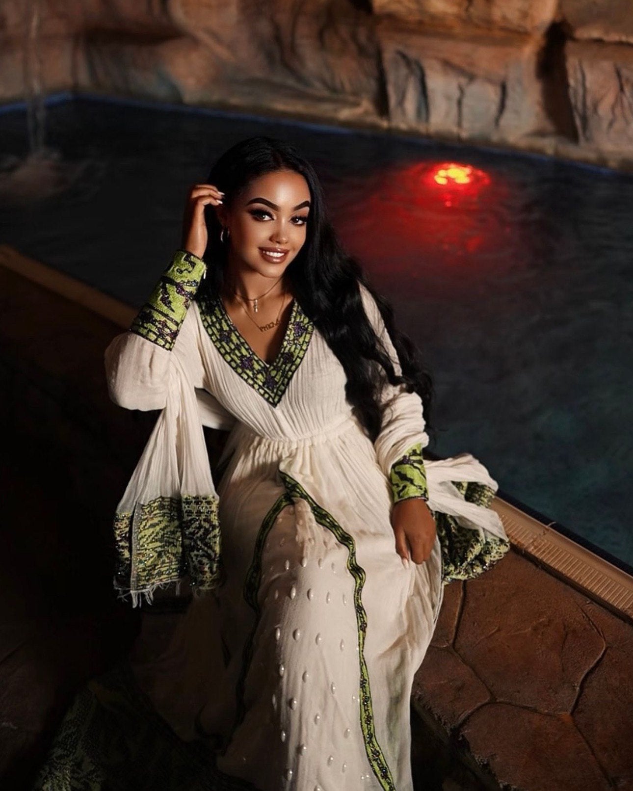 KONJIT ELEGANT ETHIOPIAN TRADITIONAL DRESS | HABESHA DRESS FOR SPECIAL CELEBRATIONS | GREEN AND GOLD PATTERN HABESHA KEMIS |