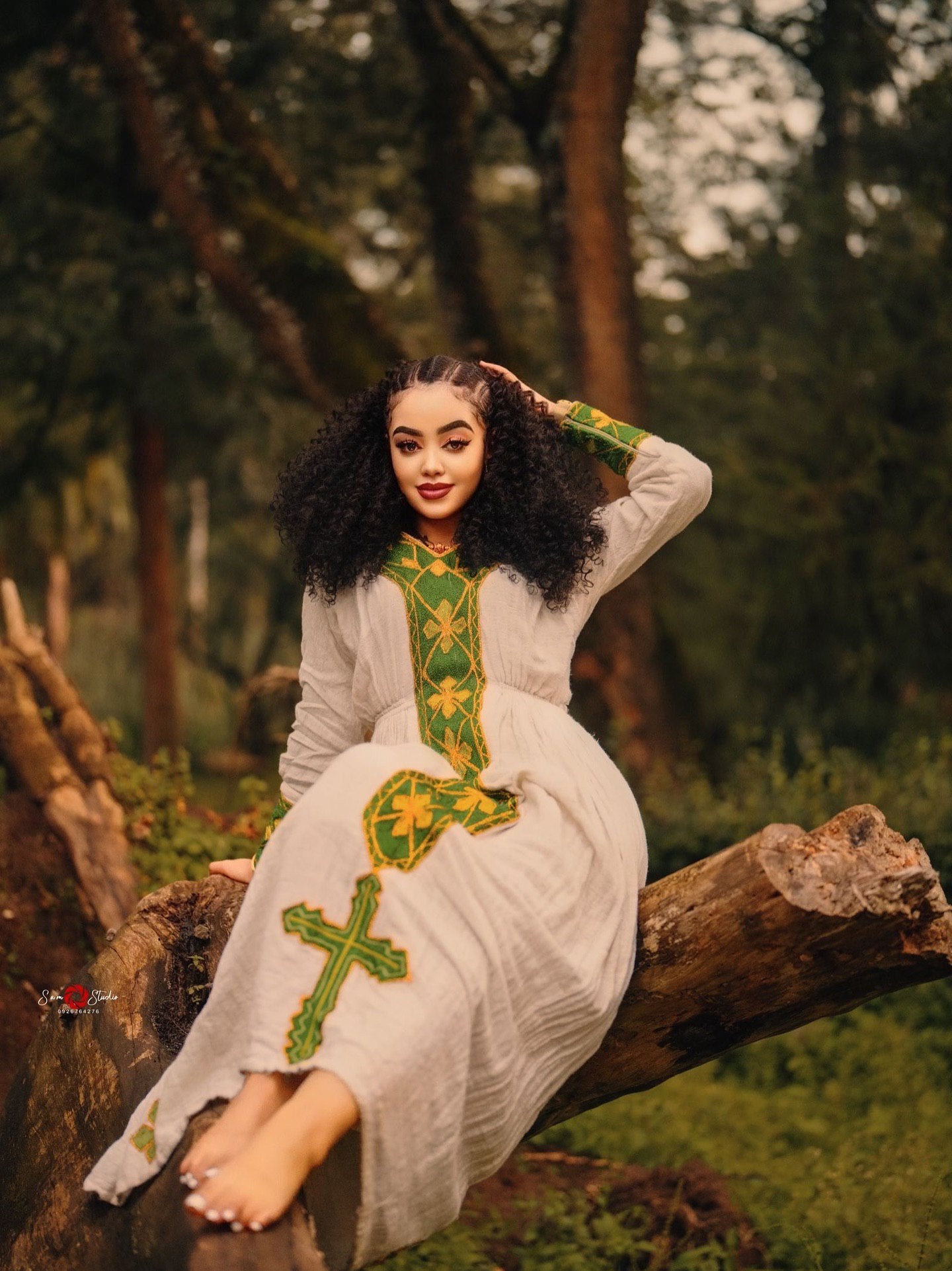 MESELU CLASSIC TRADITIONAL HABESHA KEMIS | GREEN & GOLD EMBROIDERY ETHIOPIAN DRESS | HANDWOVEN HABESHA DRESS