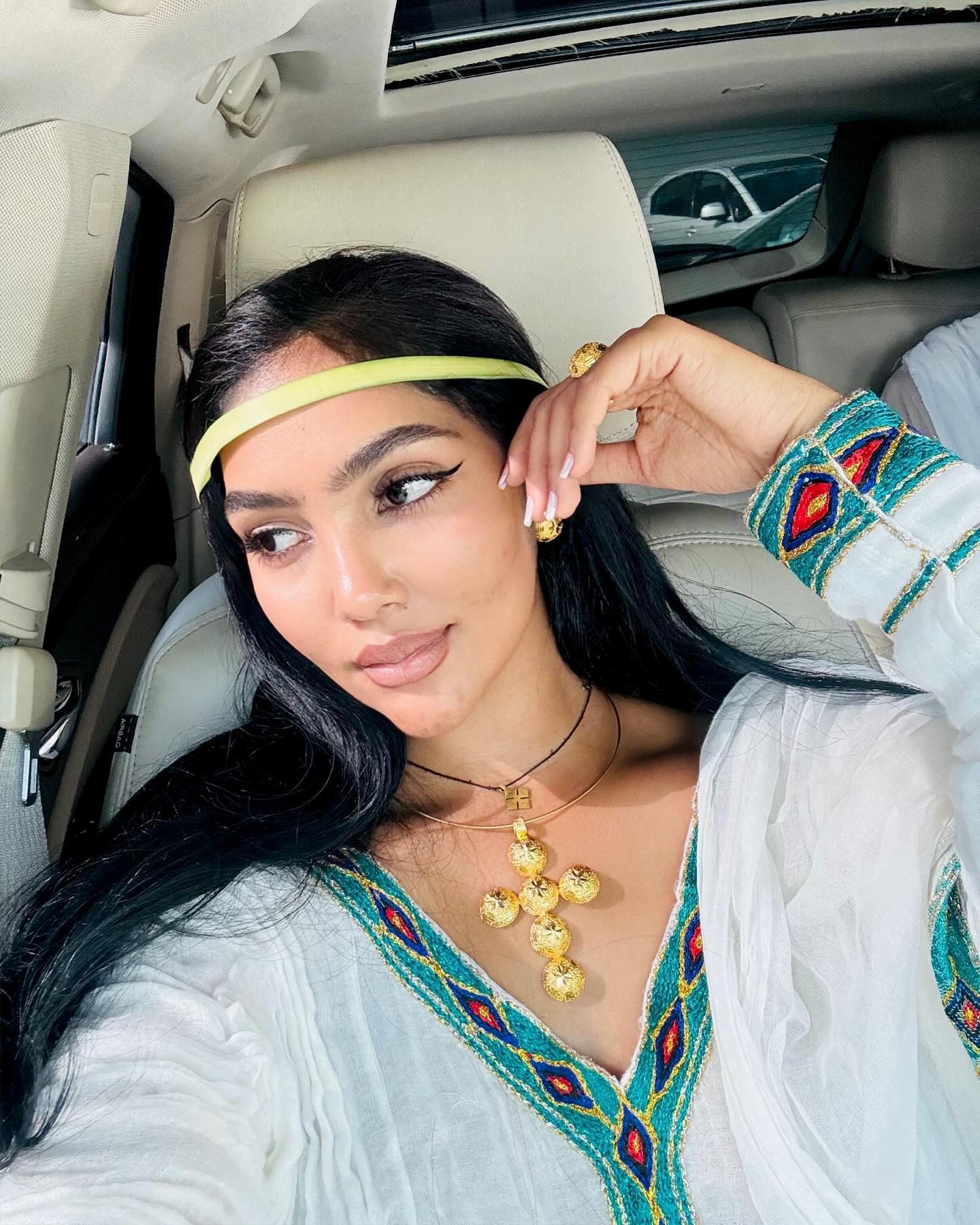 SENEDU GRACEFUL ETHIOPIAN TRADITIONAL DRESS | LIGHT BLUE & GREEN EMBROIDERY HABESHA DRESS | VIBRANT HANDWOVEN HABESHA KEMIS