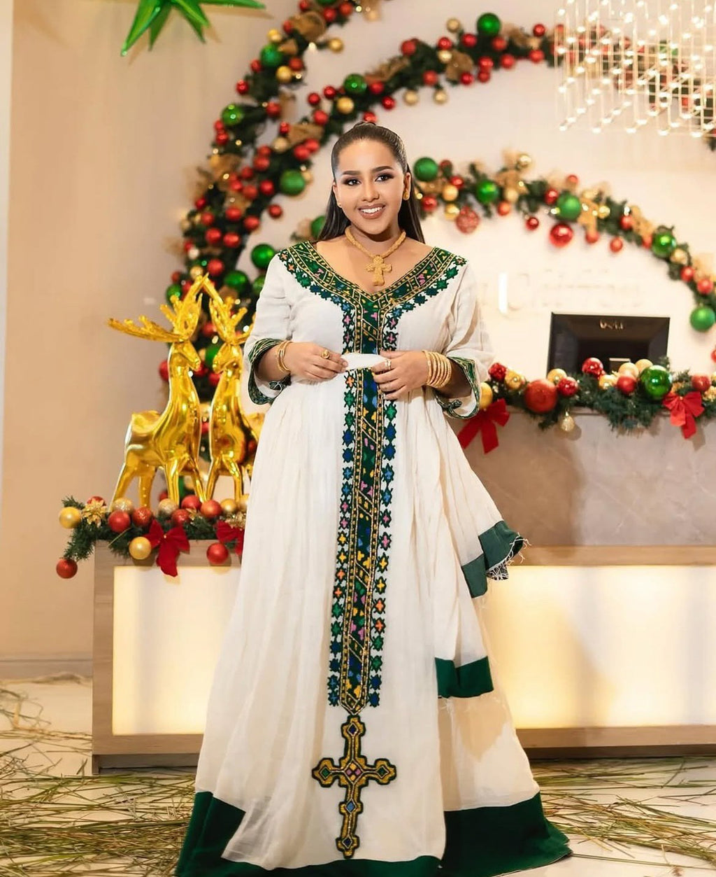 TIRUWORK TRADITIONAL ETHIOPIAN DRESS | GREEN EMBROIDERY & CROSS DESIGN HABESHA KEMIS | COLORFUL PATTERN HABESHA DRESS FOR FESTIVES