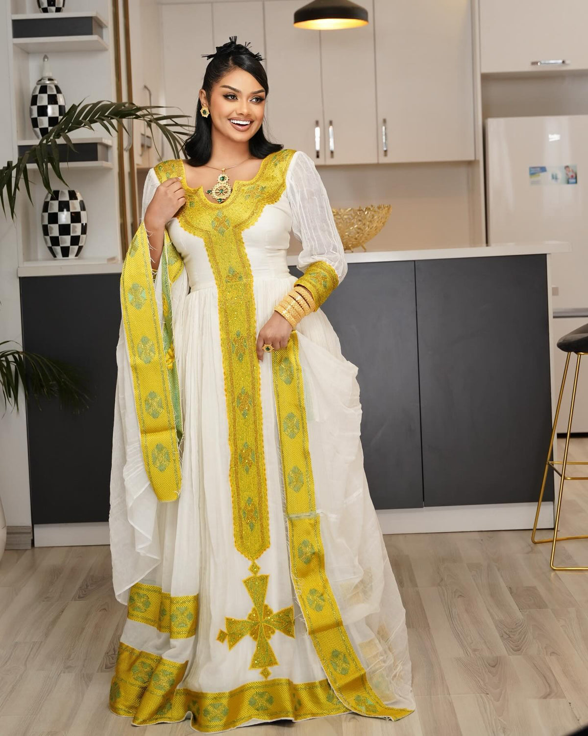 LEWAM ETHIOPIAN TRADITIONAL DRESS | HABESHA KEMIS FOR WOMEN | WHITE AND YELLOW HABESHA DRESS