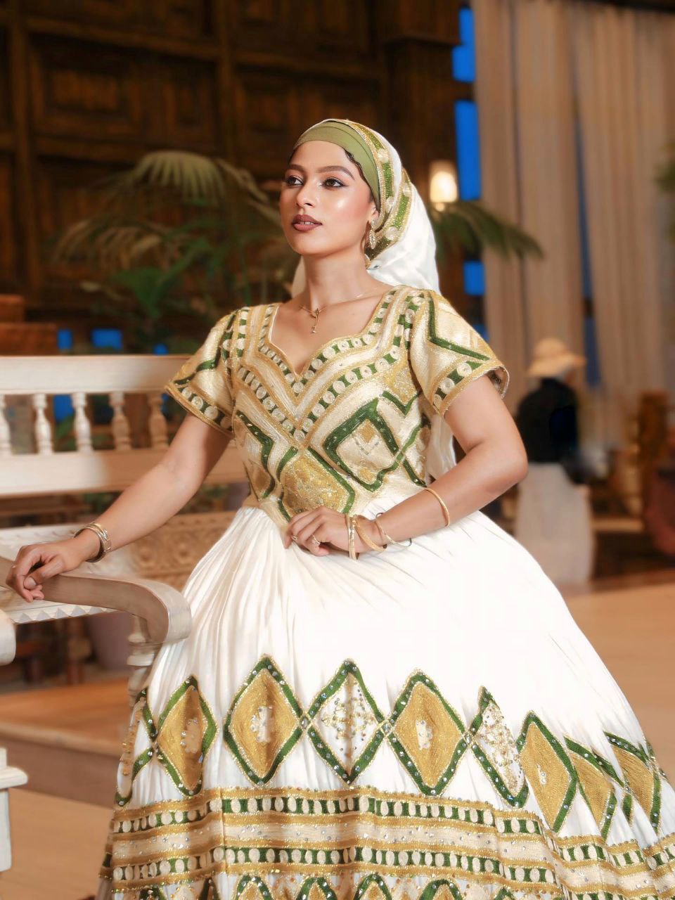 HAYAT TRADITIONAL ETHIOPIAN WEDDING DRESS | HABESHA KEMIS & ERITREAN CLOTH | GREEN AND GOLD EMBROIDERY HABESHA DRESS
