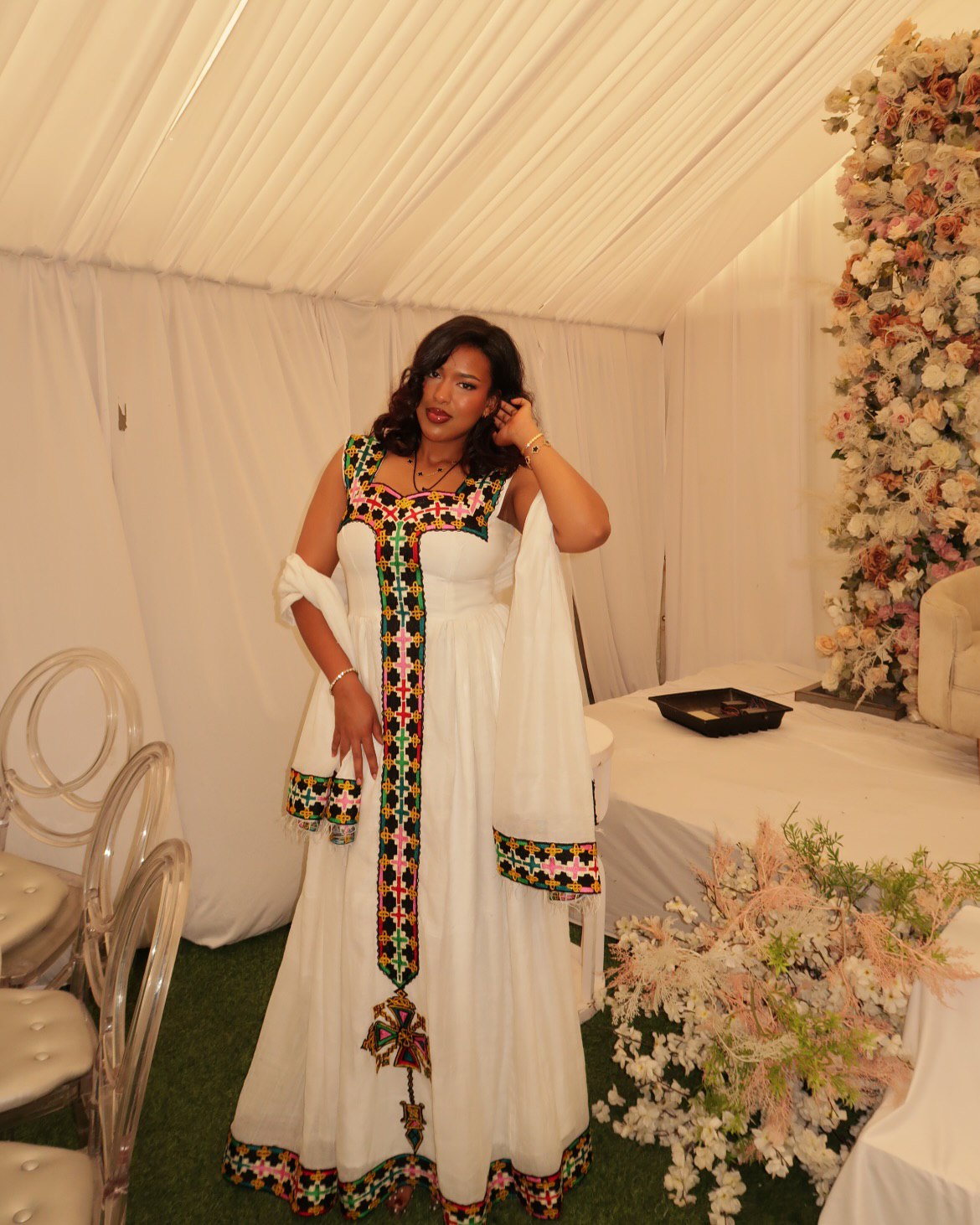 WENGELAWIT WHITE ETHIOPIAN TRADITIONAL DRESS | MULTICOLOR EMBROIDERY HABESHA KEMIS | STYLISH HABESHA DRESS