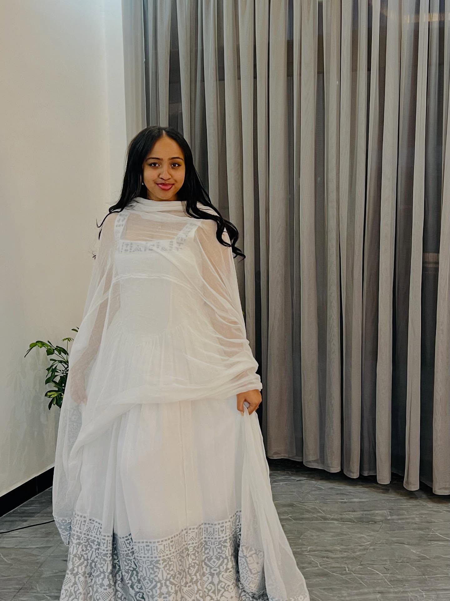 TSIGE WHITE FLOWY TRADITIONAL STYLE DRESS | GRAY EMBROIDERED DESIGN HABESHA KEMIS | STUNNING HABESHA DRESS