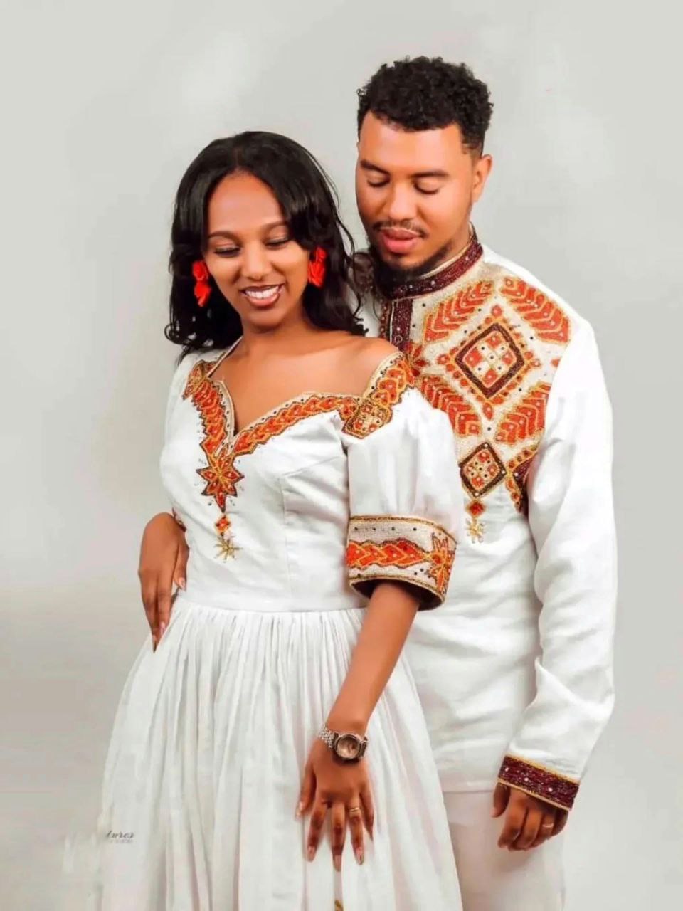 ABEBA MATCHING ETHIOPIAN COUPLE DRESS | RED AND GOLD EMBROIDERY MATCHING SET | COUPLE'S OUTFIT
