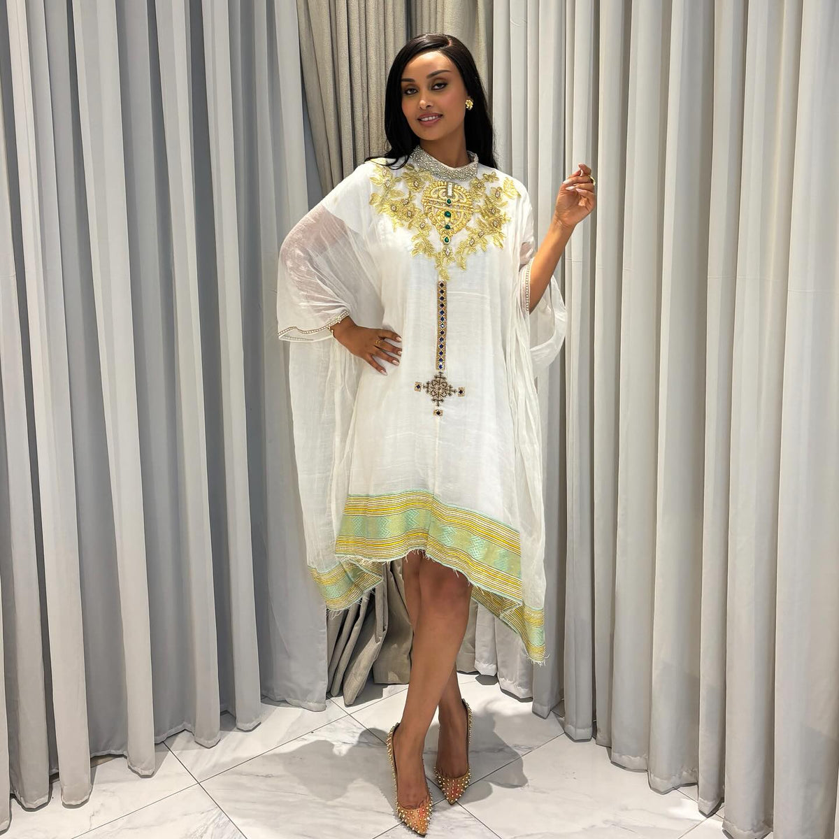 ESKEDAR ETHIOPIAN TRADITIONAL DRESS | GREEN EMBROIDERY HABESHA DRESS | SHORT STYLE HABESHA KEMIS