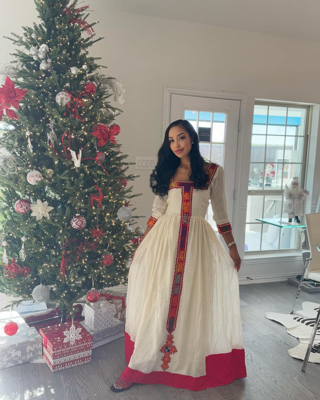 AMEN HABESHA DRESS | RED EMBROIDERY AND CROSS STYLE HABESHA KEMIS | ETHIOPIAN TRADITIONAL DRESS