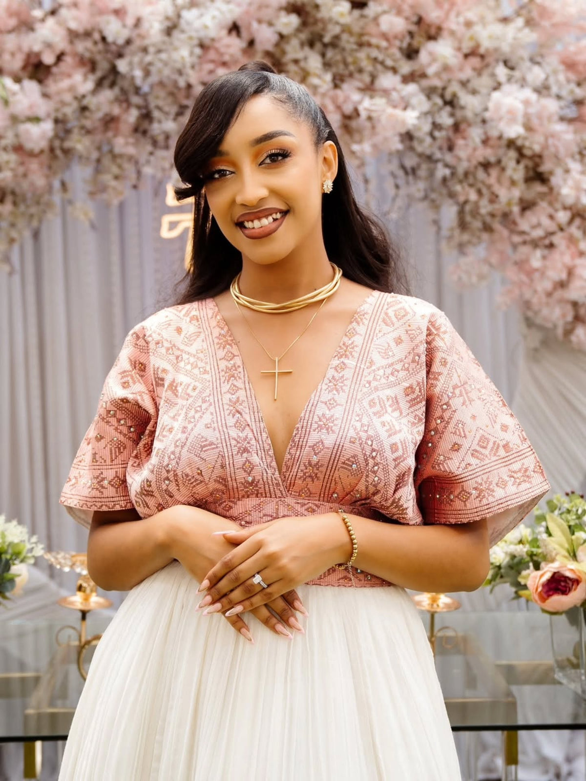 ATITEGEB PINK EMBROIDERY HABESHA DRESS | TRADITIONAL ETHIOPIAN HABESHA KEMIS | ELEGANT ETHIOPIAN CLOTHING
