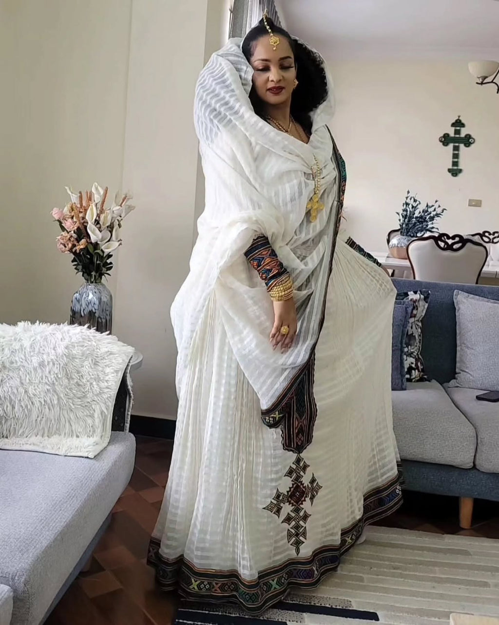 FITSUM MULTICOLOR ETHIOPIAN CLOTHING | LONG SLEEVE HABESHA DRESS | TRADITIONAL HABESHA KEMIS