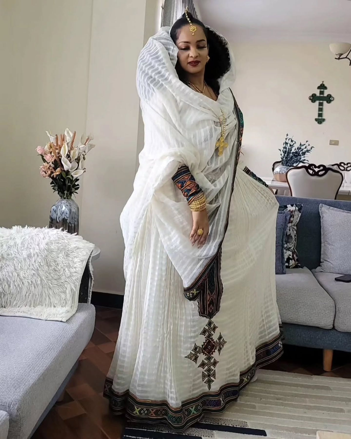FITSUM MULTICOLOR ETHIOPIAN CLOTHING | LONG SLEEVE HABESHA DRESS | TRADITIONAL HABESHA KEMIS
