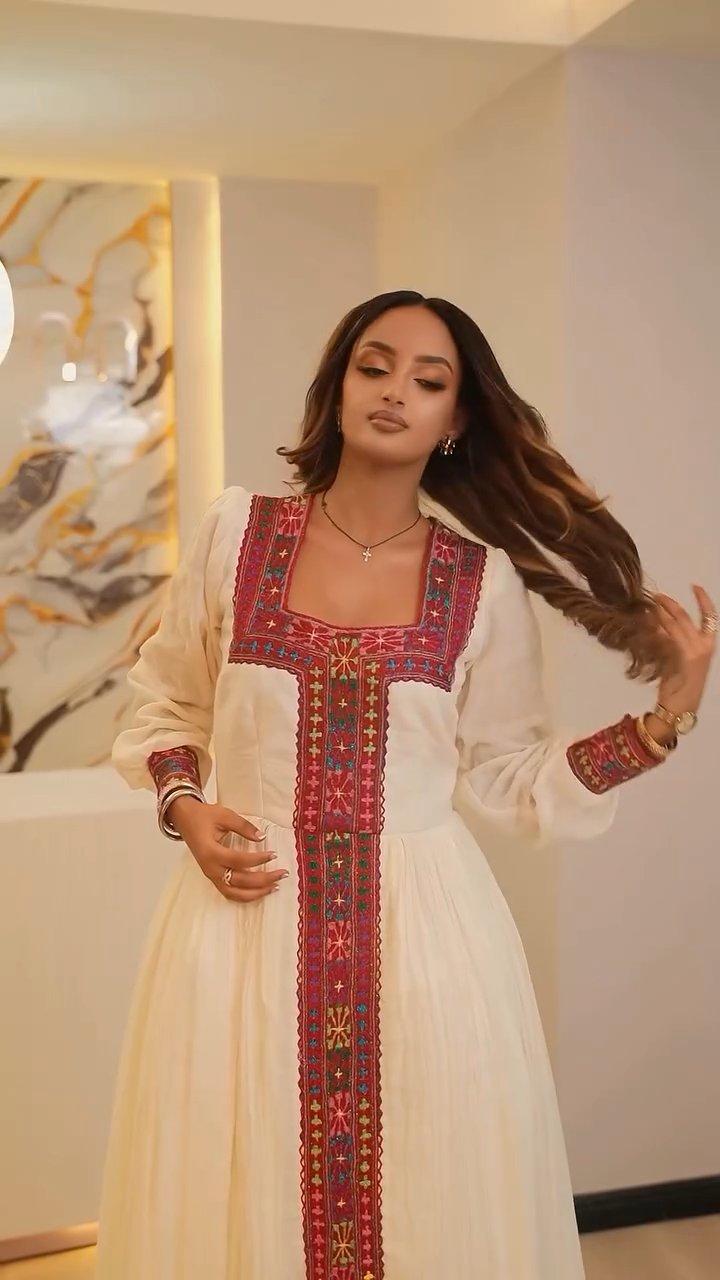 ZEWDY LONG SLEEVE HABESHA KEMIS | TRADITIONAL ETHIOPIAN DRESS FOR WOMEN | RED PATTERN HABESHA DRESS
