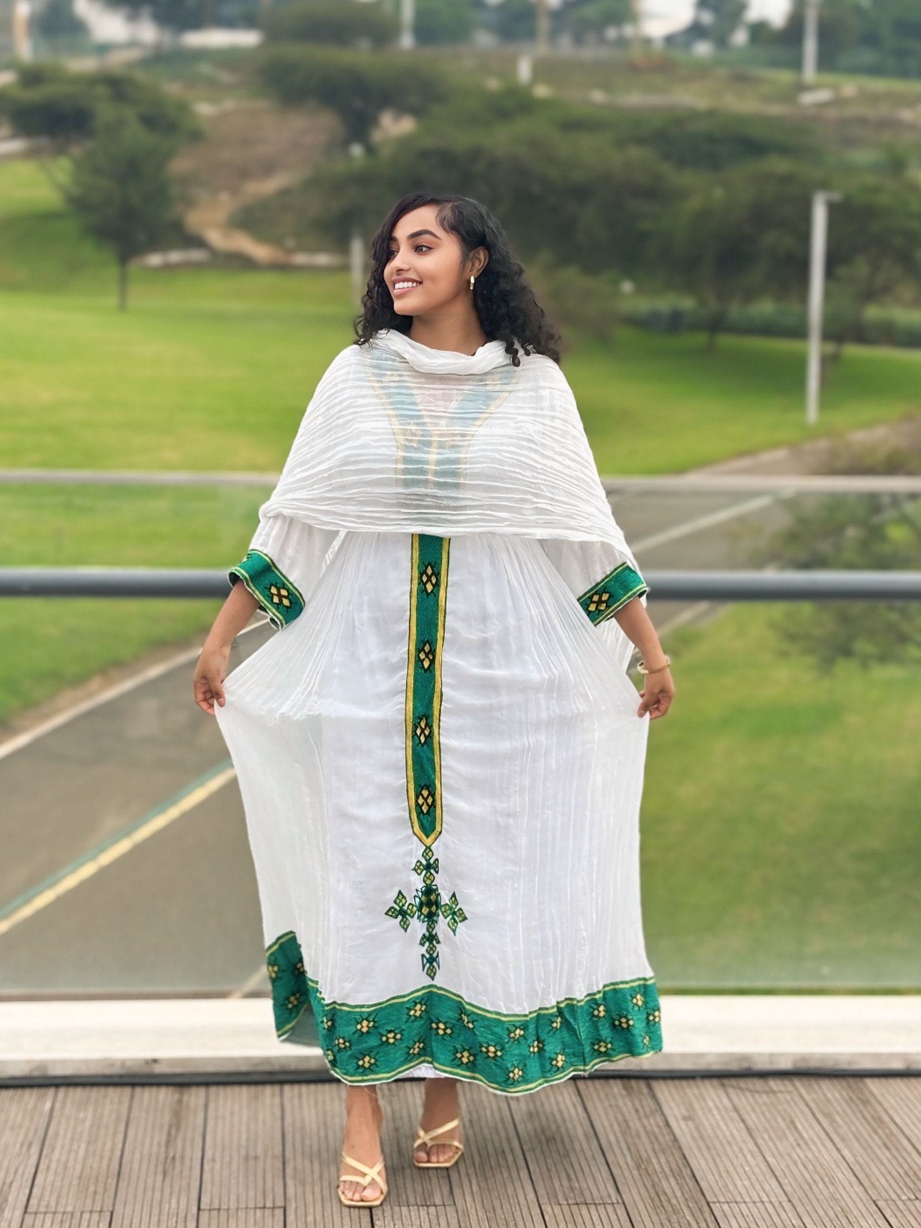 BEAMLAK GREEN EMBROIDERY HABESHA KEMIS | TRADITIONAL ETHIOPIAN CLOTHING | HABESHA DRESS