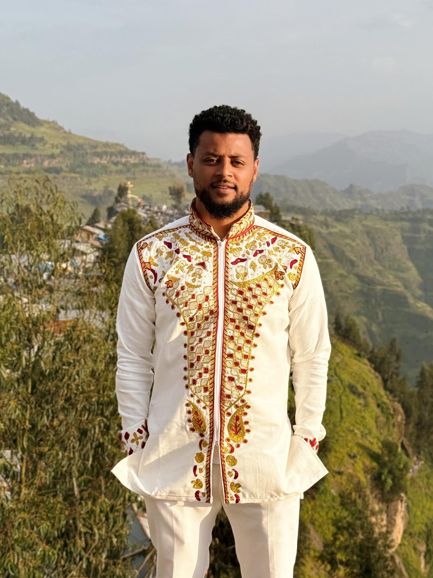 EYASU MEN’S HABESHA SHIRT | ETHIOPIAN & ERITREAN CLOTHING | TRADITIONAL RED EMBROIDERY OUTFIT