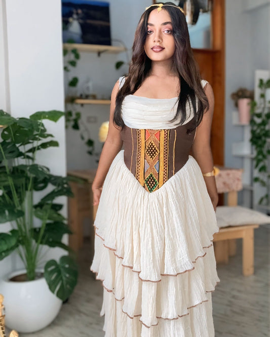 TRADITIONAL ETHIOPIAN CLOTHING – HABESHA KEMIS AND HABESHA DRESS WITH BROWN EMBROIDERY