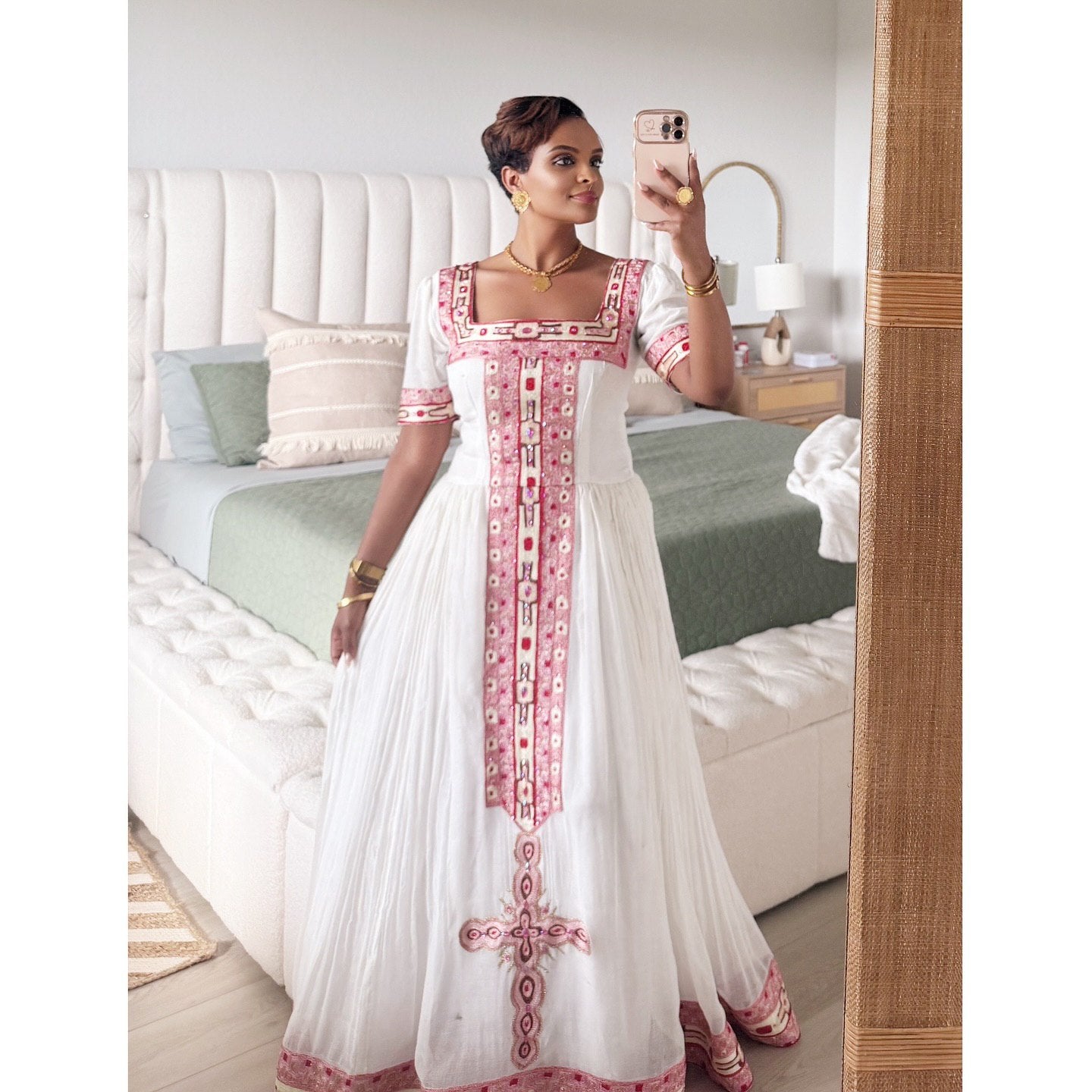 WINTANA TRADITIONAL ETHIOPIAN DRESS | SHORT SLEEVE HABESHA DRESS | PINK EMBROIDERY HABESHA KEMIS