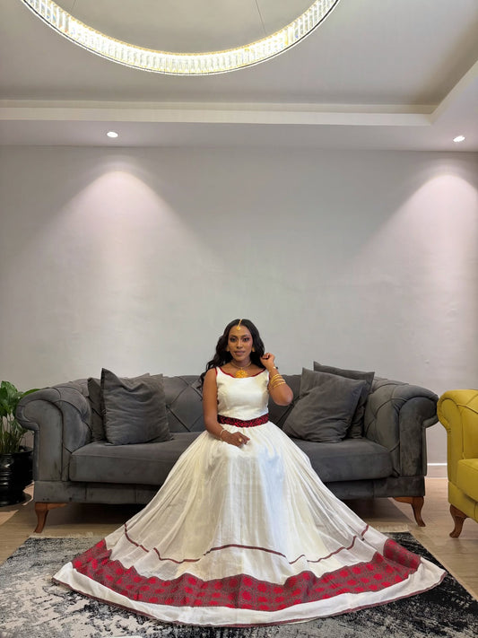 ERITREAN DRESS RED PATTERN HABESHA KEMIS – ELEGANT TRADITIONAL ETHIOPIAN CLOTHING