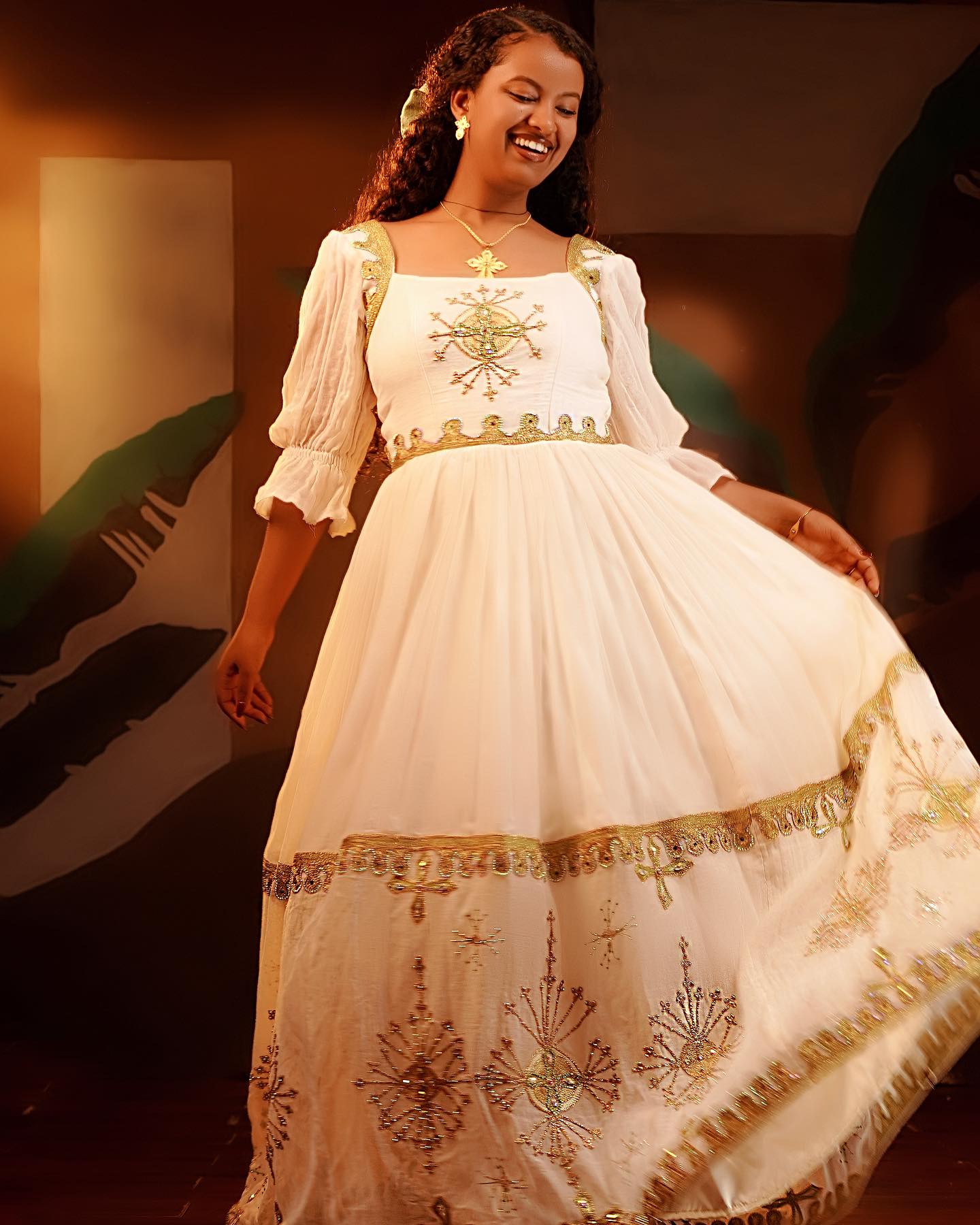 LOMI ETHIOPIAN TRADITIONAL DRESS | AUTHENTIC HABESHA KEMIS | WHITE WITH GOLD DESIGN HABESHA DRESS
