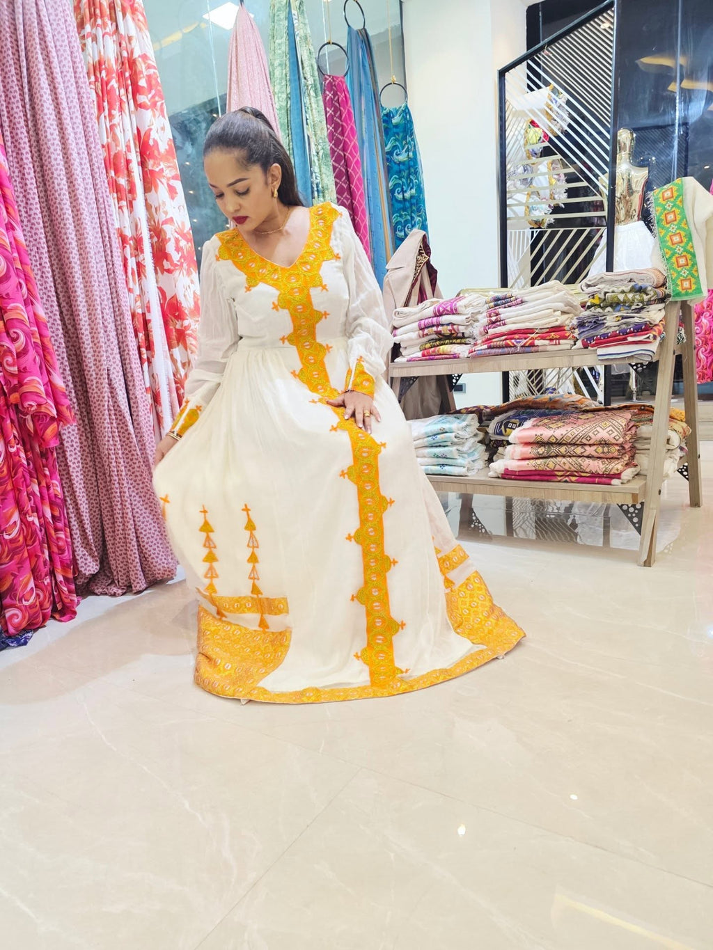 MISLEWERK YELLOW WITH GOLD HABESHA KEMIS | LONG SLEEVE HABESHA DRESS |TRADITIONAL ETHIOPIAN CLOTHING