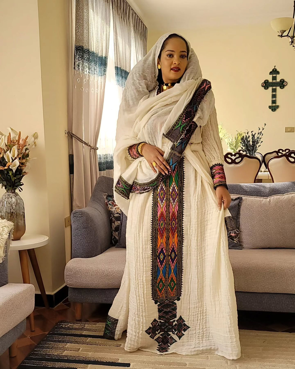 AMEL VIBRANT ETHIOPIAN DRESS | MULTICOLOR EMBROIDERY HABESHA KEMIS | HANDWOVEN HABESHA DRESS