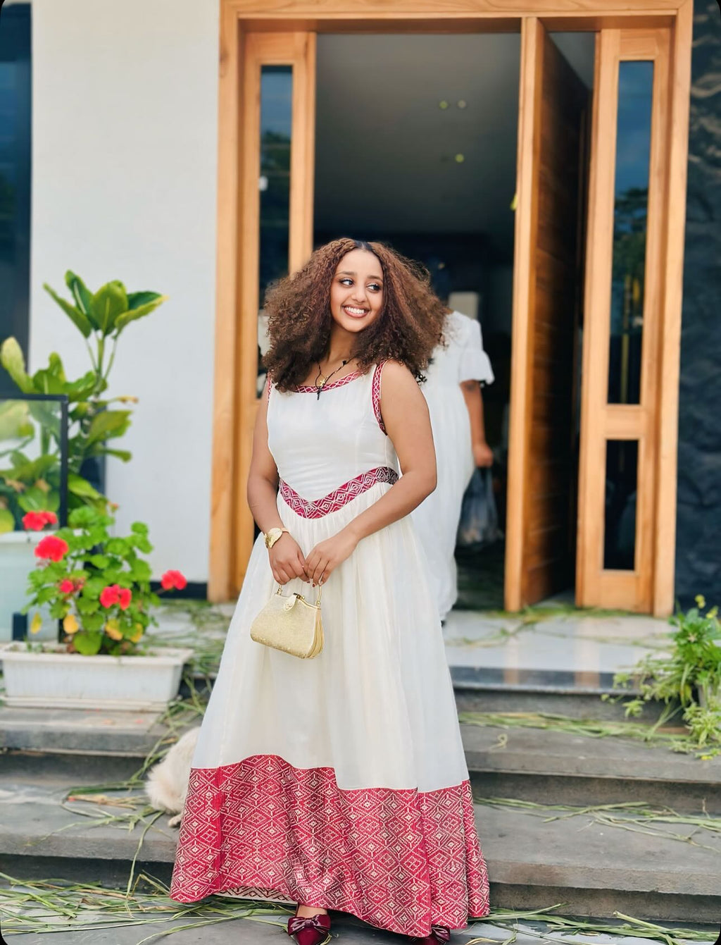 MEDI SLEEVELESS HABESHA KEMIS | CHIC HABESHA DRESS WITH RED PATTERN | INSPIRED BY ETHIOPIAN TRADITIONAL DRESS