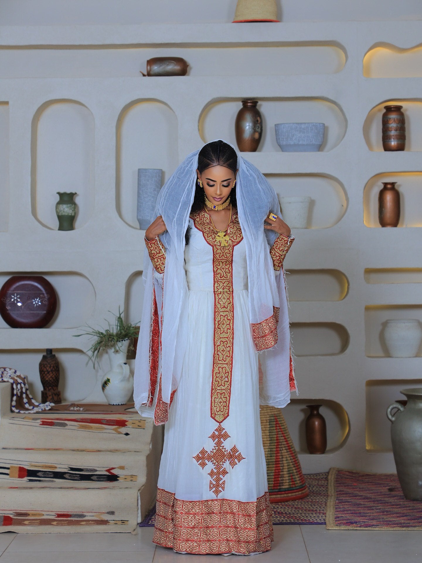 MASTEWAL LONG SLEEVE HABESHA DRESS | HABESHA KEMIS WITH CROSS EMBROIDERY | TRADITIONAL ETHIOPIAN CLOTHING