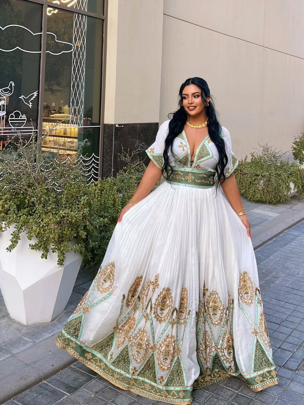 ALEMNESH LUXURIOUS TRADITIONAL ETHIOPIAN CLOTHING | GOLDEN AND GREEN EMBROIDERY HABESHA KEMIS | GRACEFUL HABESHA DRESS