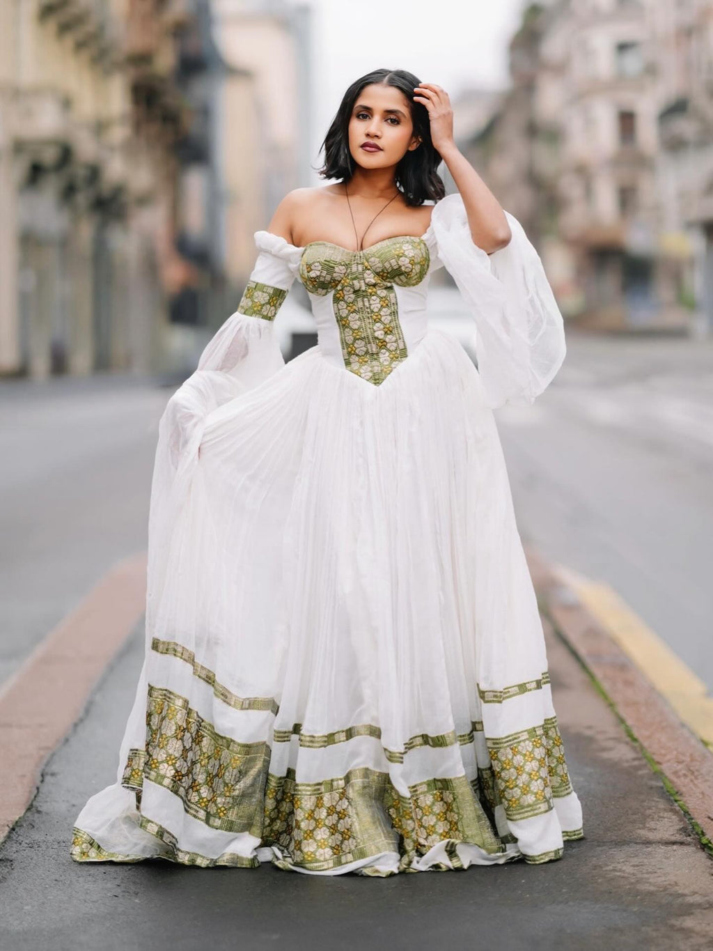 TIRINGO BEAUTIFUL HABESHA KEMIS | TRADITIONAL ETHIOPIAN CLOTHING | GREEN WOVEN HABESHA DRESS