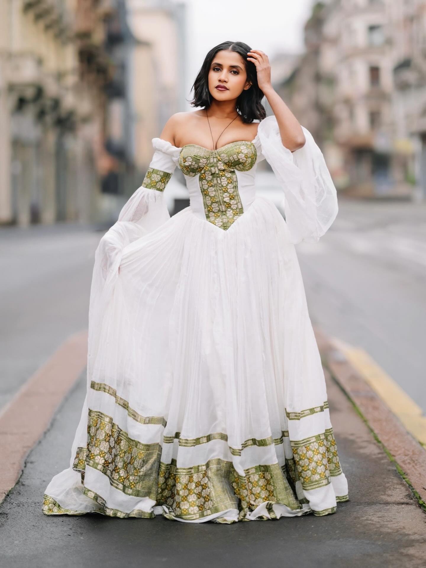 TIRINGO BEAUTIFUL HABESHA KEMIS | TRADITIONAL ETHIOPIAN CLOTHING | GREEN WOVEN HABESHA DRESS