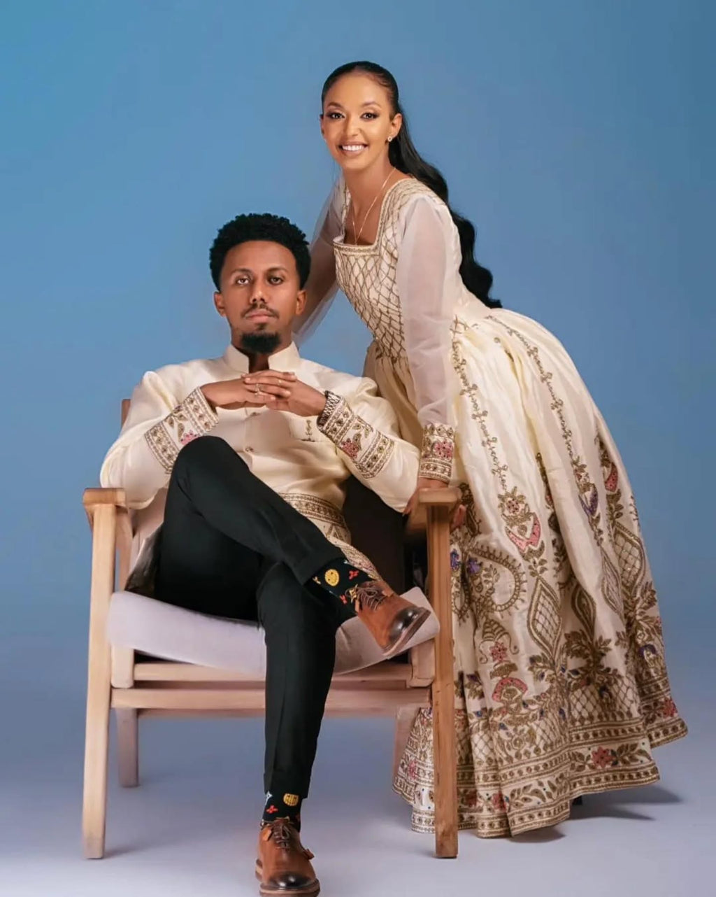 ALEMTSEHAY HABESHA MATCHING SET | ETHIOPIAN TRADITIONAL COUPLE WEAR | HABESHA DRESS & MEN'S SHIRT