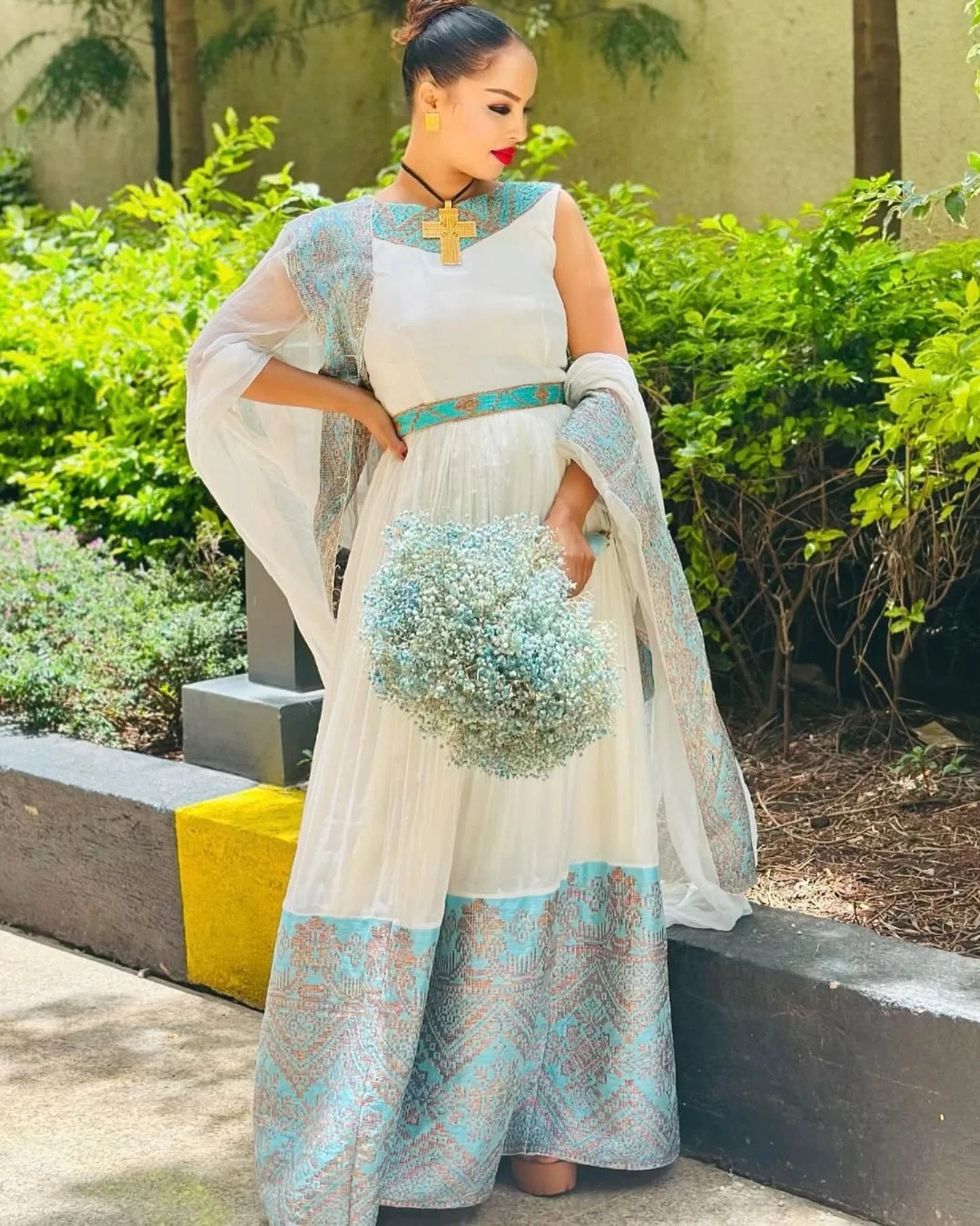 FANA GRACEFUL HANDWOVEN HABESHA KEMIS | TURQUOISE AND GOLD EMBROIDERY HABESHA DRESSS | ETHIOPIAN TRADITIONAL DRESS
