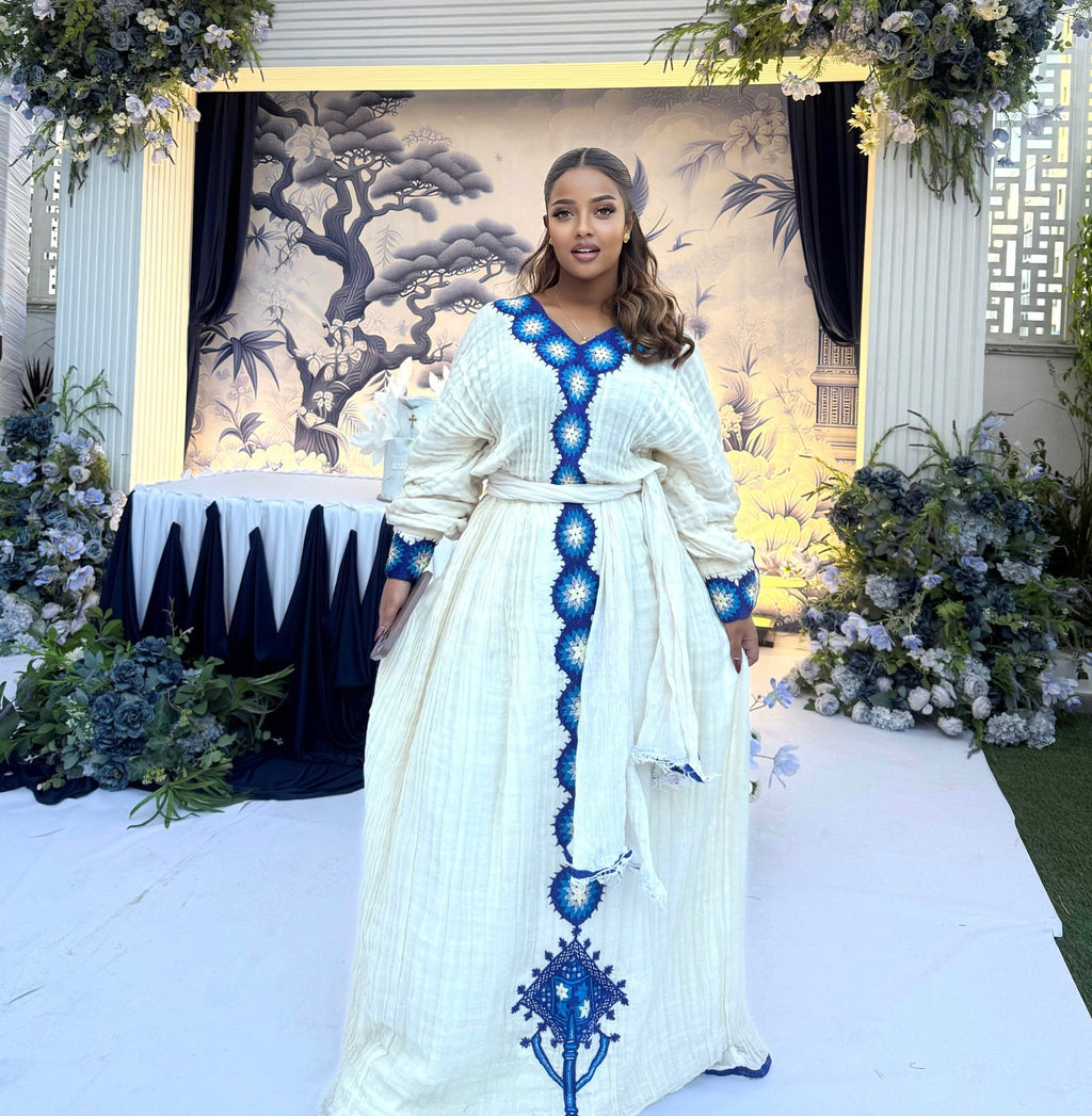  ROYAL BLUE HABESHA KEMIS | ETHIOPIAN DRESS & CULTURAL WEDDING ATTIRE