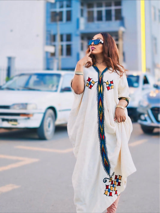 HABESHA KEMIS – MULTICOLOR EMBROIDERED HABESHA DRESS | ETHIOPIAN TRADITIONAL DRESS