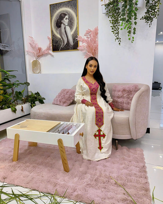 WHITE HABESHA GOWN WITH PINK AND GOLD EMBROIDERY